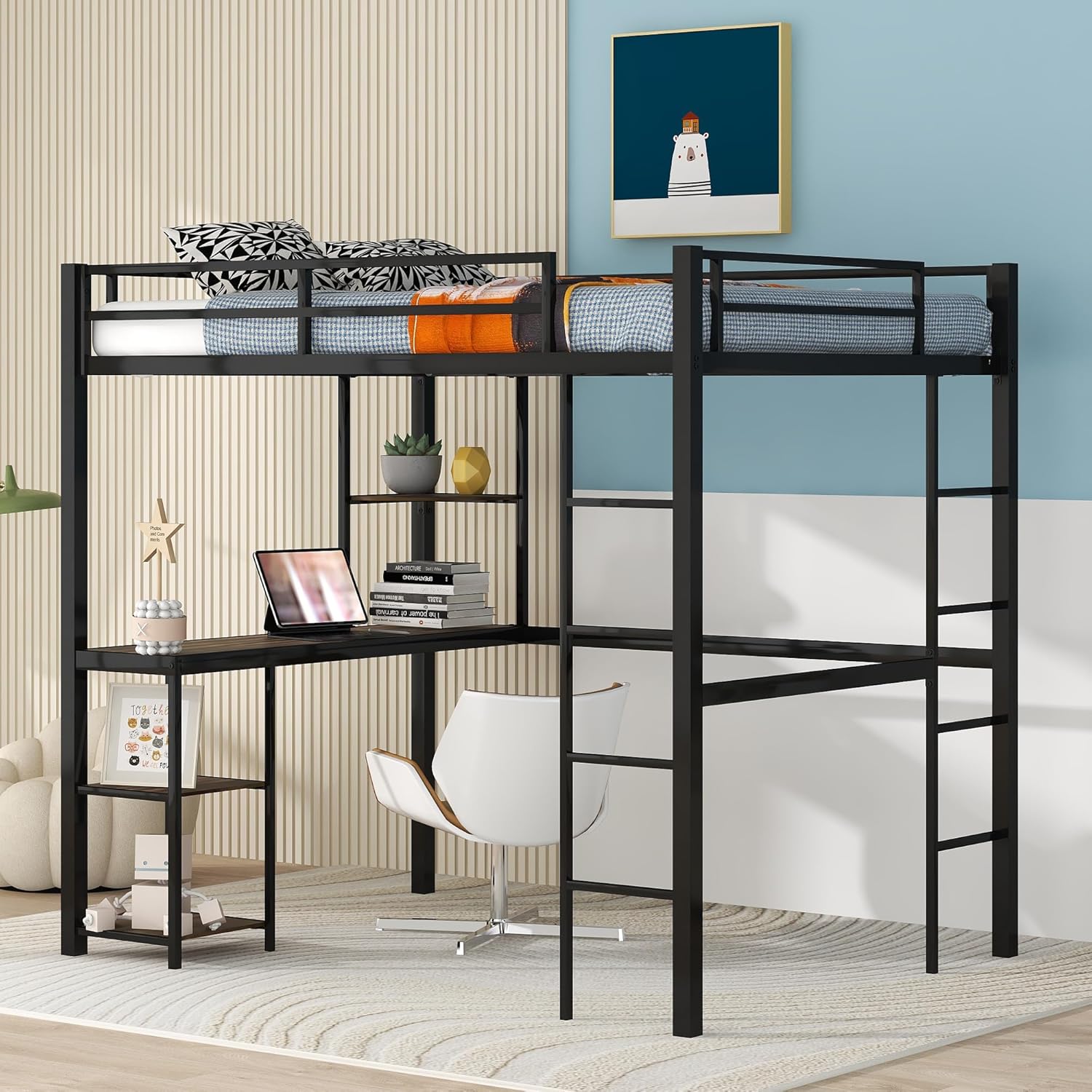 BIADNBZ Metal Full Size Loft Bed with Desk and Shelves