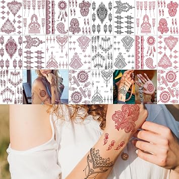 10 Sheets Henna Tattoos Temporary Henna Stickers 5Pcs Red + 5Pcs Black Tattoo Stickers Women Body Art Stickers for Wedding Party