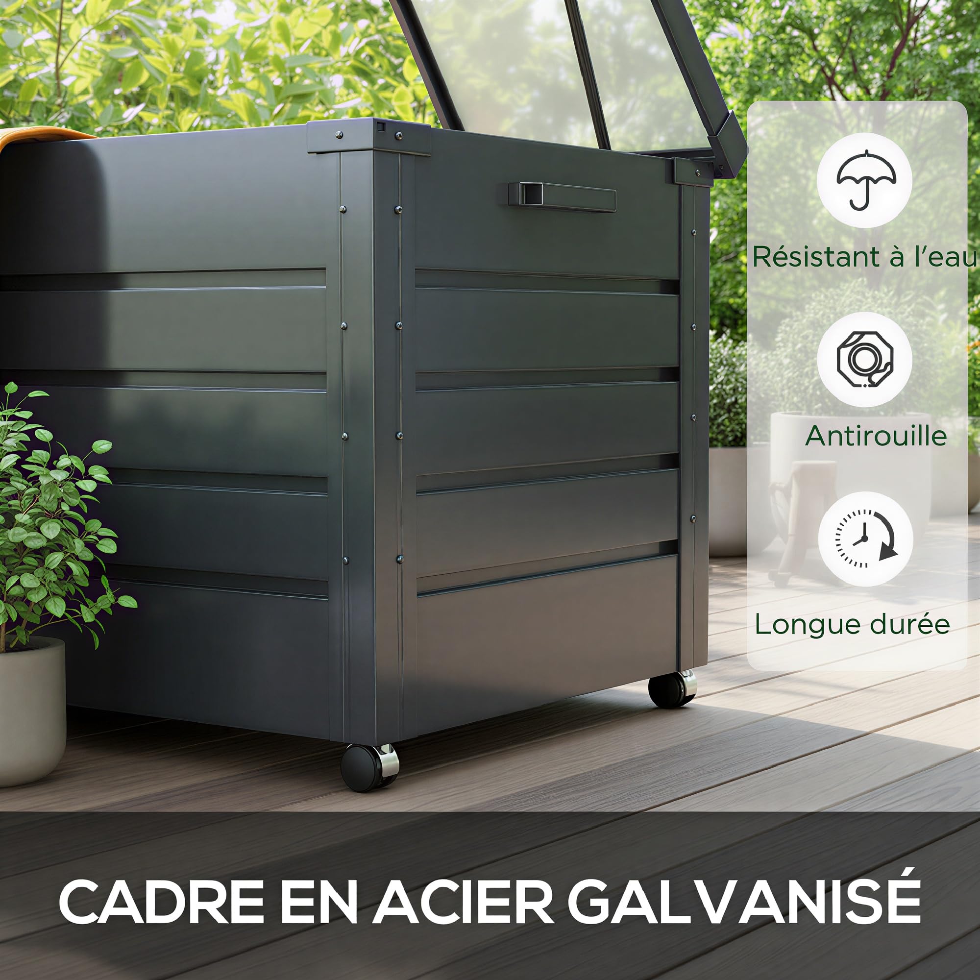 Outsunny Coffre de rangement extérieur 311L acier galvanisé roulettes vérin gaz poignée jardin 120x62x66 cm gris