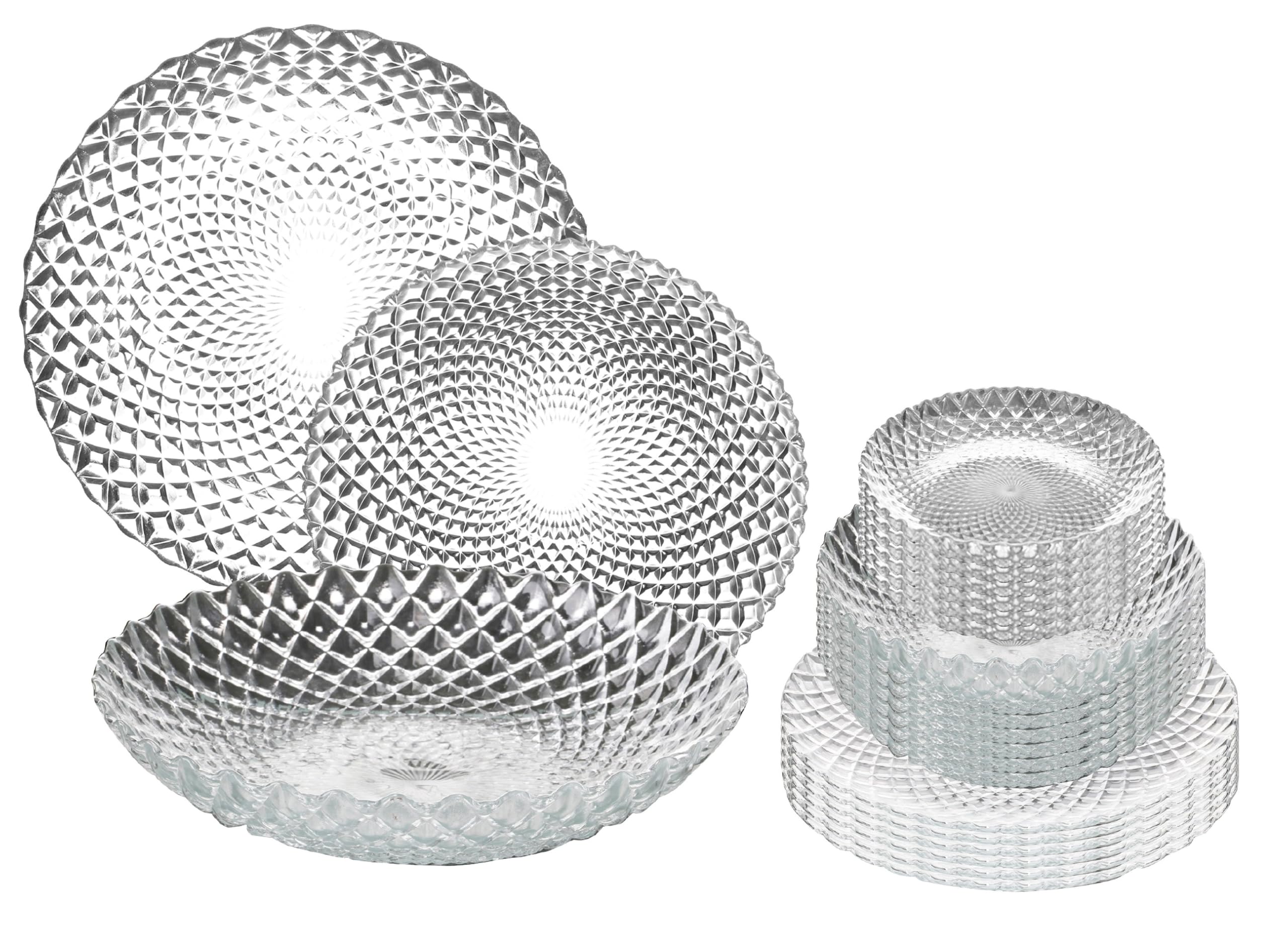 Deconation Service De Table 18 Pièces En Verre Effet Rosaces Diamants - Assiettes Toutes En Verre