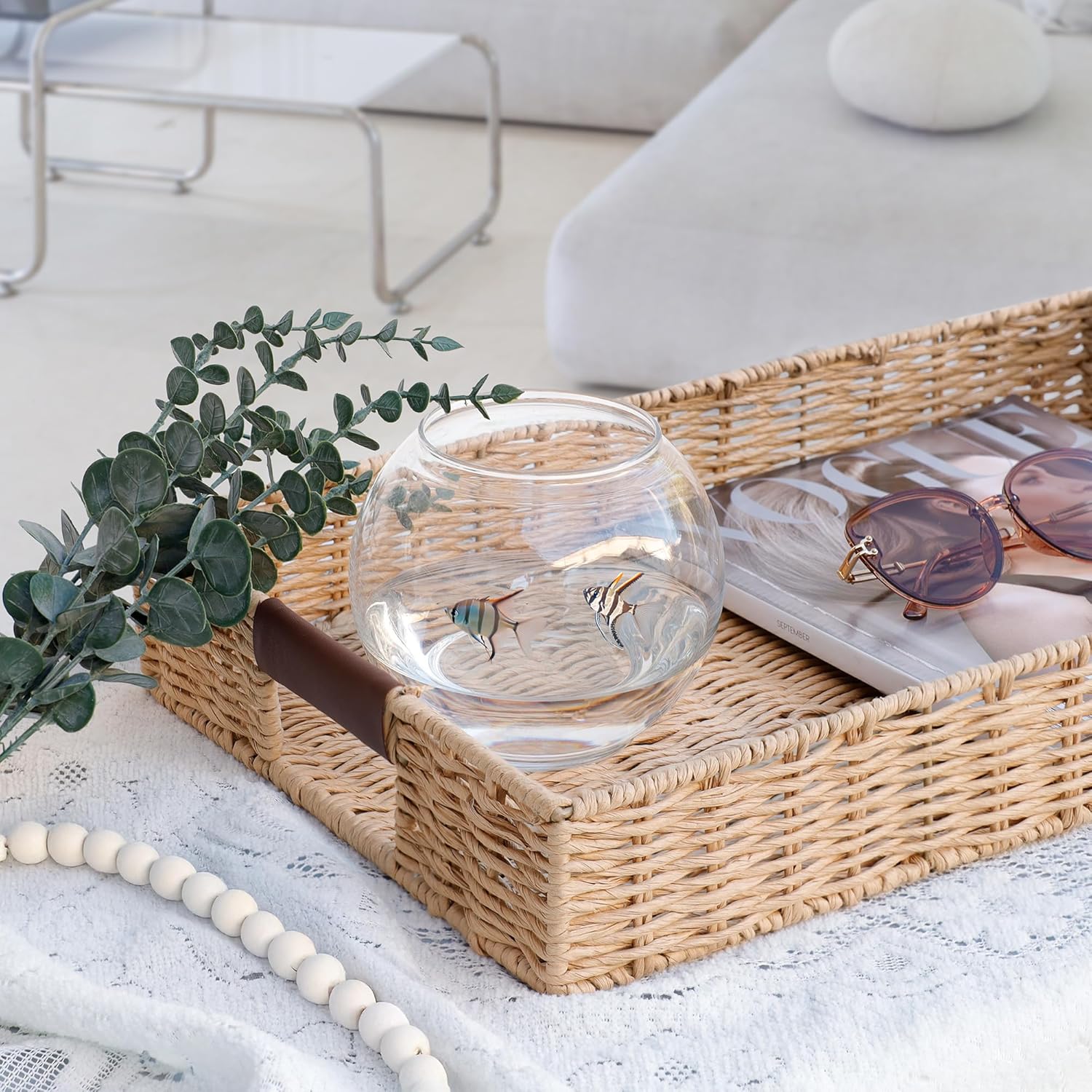 Size 20x12 Color Brown Handwoven Multipurpose Rectangle Rattan Tray, 20” x 12” – Durable Wicker Tray with Leather Handles for Home Decor Display