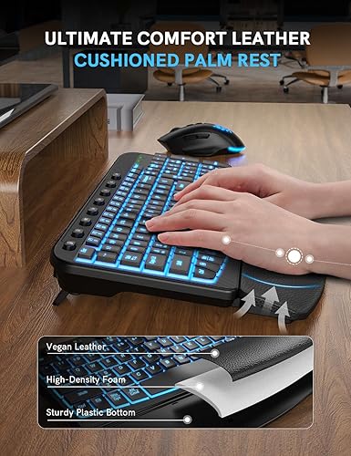 Miniatura 2 de SABLUTE Combo ergonómico de teclado y mouse inalámbricos, teclado Wave con reposamuñecas de cuero suave, teclas resistentes, juego recargable con