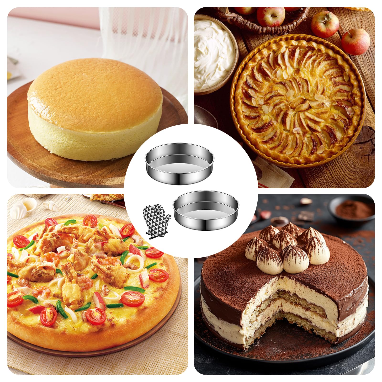 Moule Gateau, 2 Pièces Moule à Gateau Inoxydable, Moule à Manqué Rond, Moule à Genoise pour Layer Cake/Pizzas/Pain, Lavable au Lave-vaisselle - 20 et 22 cm, avec Une Paire de Gants Isolants Thermiques