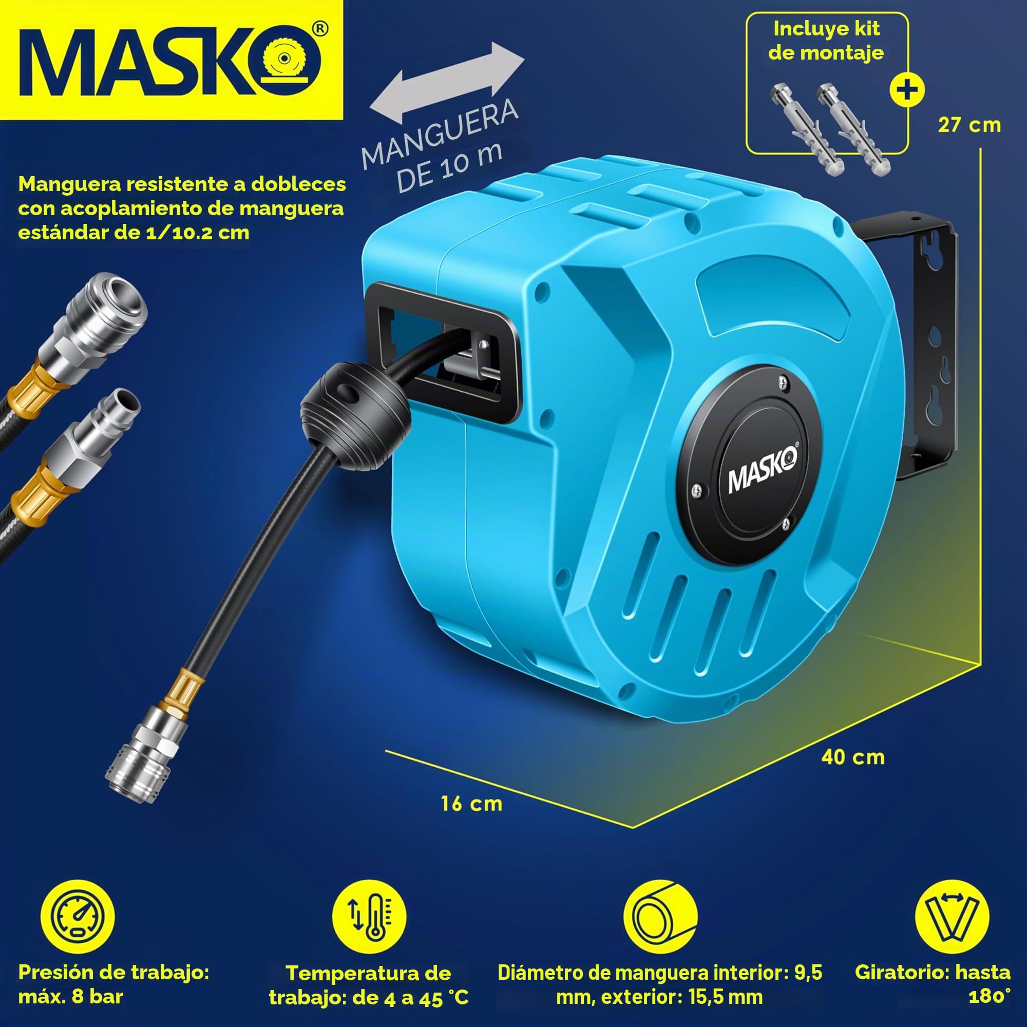 MASKO® Enrollador de manguera de aire comprimido automática, Conexión 1/4, Enrollador de mangueras, Soporte de mangueras montado en la pared, Enrollador de mangueras de aire comprimido, azul, 10m