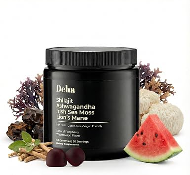 Deha Shilajit Gummies for Men & Women with Ashwagandha, Irish Sea Moss, Lions Mane, Beet Root & Black Seed Extract Raspberry Watermelon Flavor Vegan, Non-GMO, Gluten-Free 60 Gummies