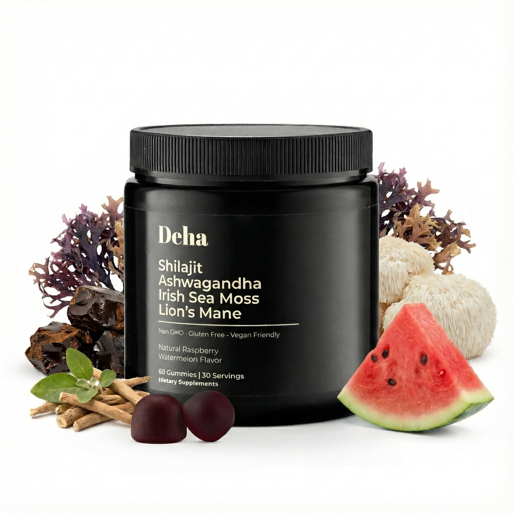 Deha Suplemento em Gomas com Shilajit, Ashwagandha, Irish Sea Moss, Lion’s Mane, Beterraba e Black Seed, sabor melancia com framboesa, 60 gomas
