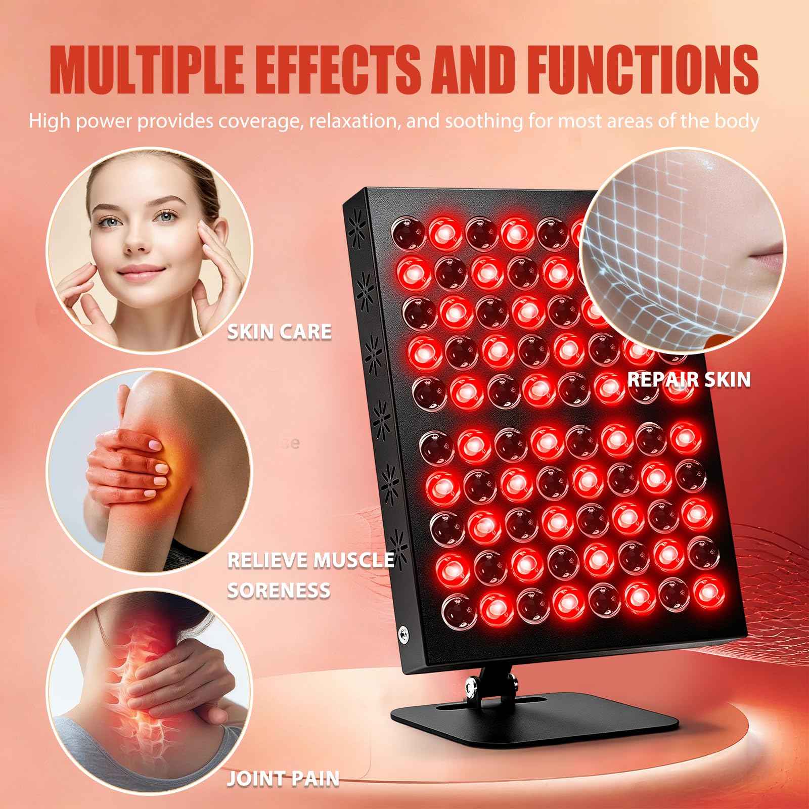 Rotlichtlampe Panel 80 LED für Red Light 660nm & 850nm Infrarotlampe mit Timer, 5 Helligkeitsstufen, 62W Rotlichttherapie Gerät für Gesicht, Körper Haare, Winkelverstellbare Lampe für Zuhause und Büro