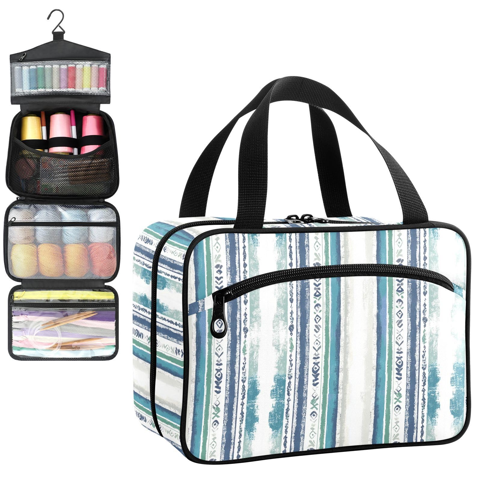 YNNALE Sewing Supply Organizer Bag, Abstract Boho Stripe Teal Blue Green Portable Sewing Bags with Pockets&Hanger, Sewing Storage Box Case for Sew Supplies/Kit/Tools/Accessories (BAG ONLY)