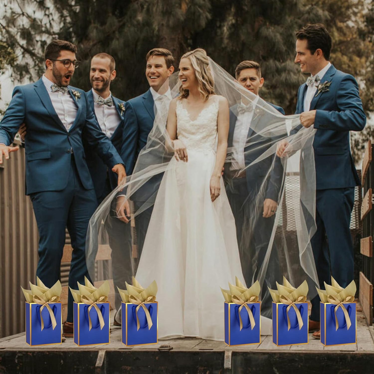 STOBOCTER 6 Pcs Thank You Gift Bags with Handles and Tissue Paper 9 x 7 x 3. 15'' Metallic Welcome Gift Bags with Bow Ribbon for Wedding Bridal Baby Shower Groomsmen Birthday Party(Navy Blue, Gold) - Image 6
