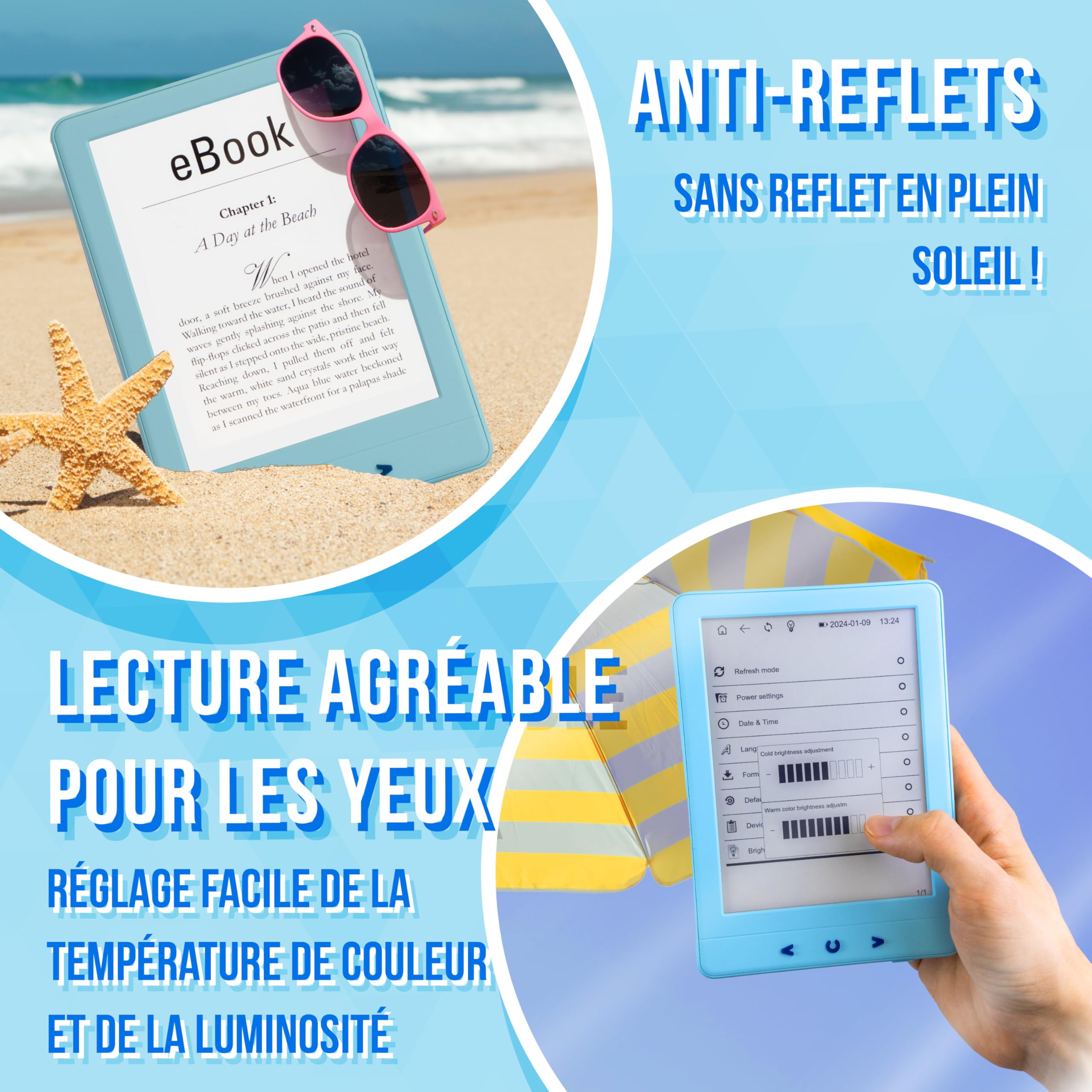 Silvergear® Ebook Reader avec Rétroéclairage | Écran Tactile E-Ink de 6 Pouces | Mémoire de 4 Go pour 3000+ E-Books | E-Reader | Antireflet et Léger | Bleu