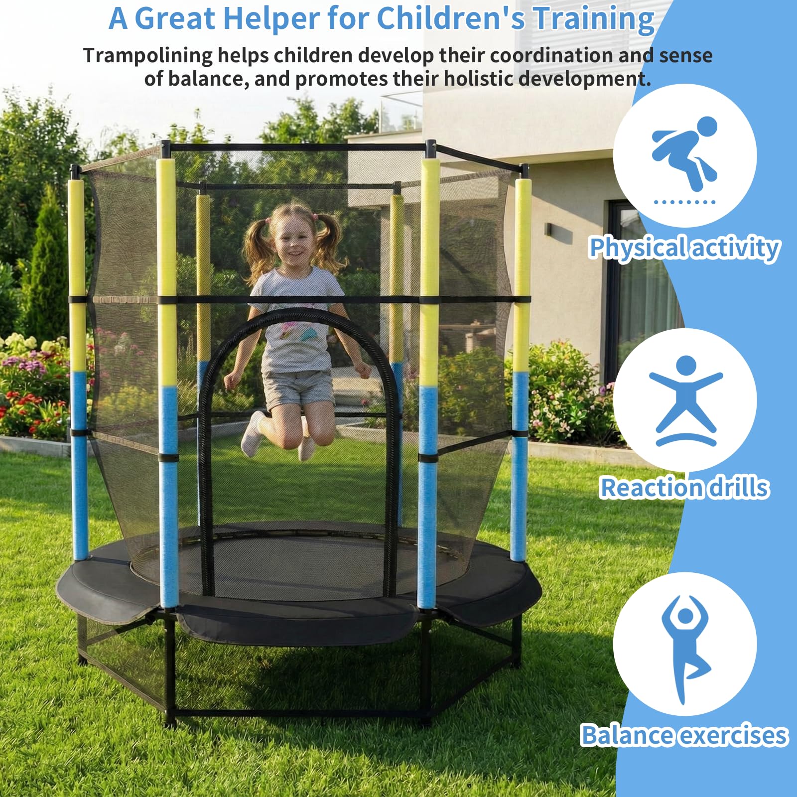 LIFERUN Trampoline pour Enfants, Trampoline Exterieur Ø140 cm, Trampoline d'intérieur avec Filet de sécurité, Trampoline de Jardin pour entraînement et Loisir, Max 50 kg, Enfants