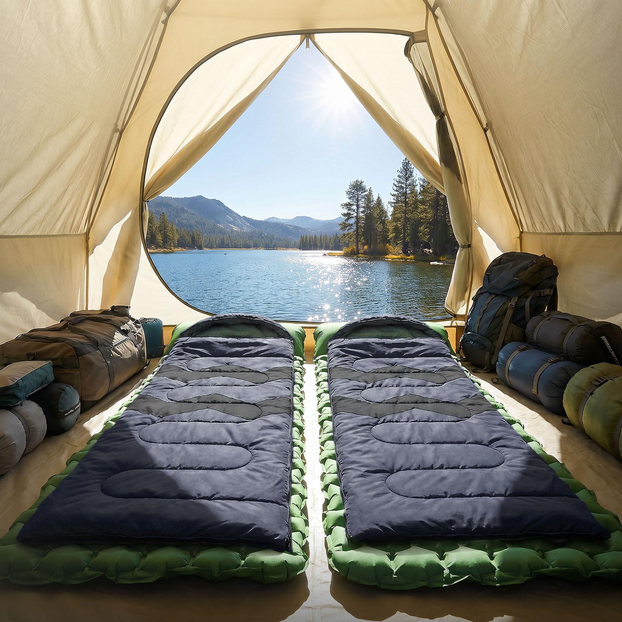 ECD Germany Sac de Couchage Adulte pour Camping Kaki/Bleu Foncé 210 cm, Matériel Léger Chaud et Compact, Portable de 3 Saisons Extérieur, pour Randonnée Voyage ou Tente, avec Housse de Transport