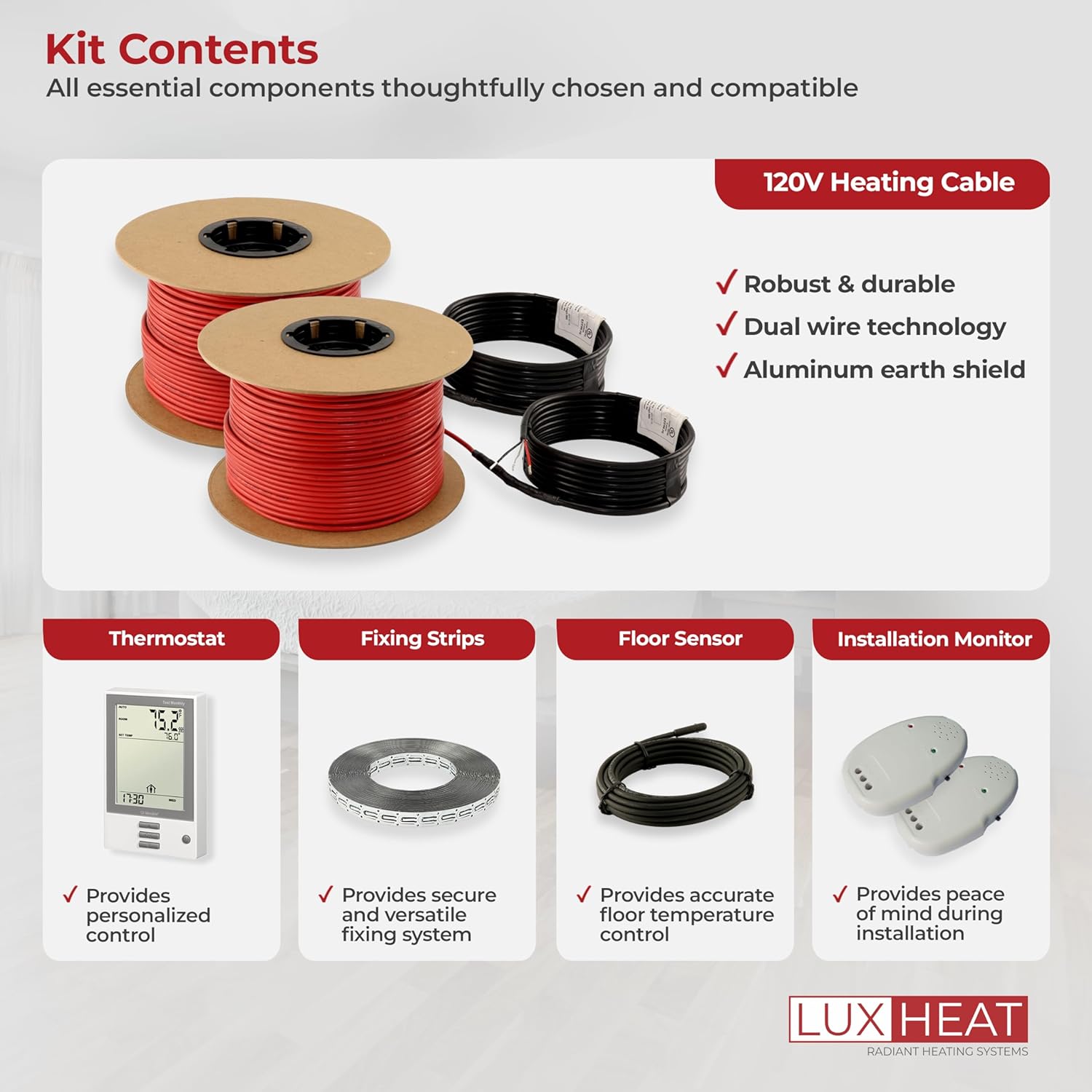 LuxHeat 120sqft Floor Heating Cable Kit - 120v Under Laminate Floor Heating Kit - Heated Flooring System Includes UDG Programmable Thermostat w/GFCI, Heater Cable, Strapping, Sensor & Alarm