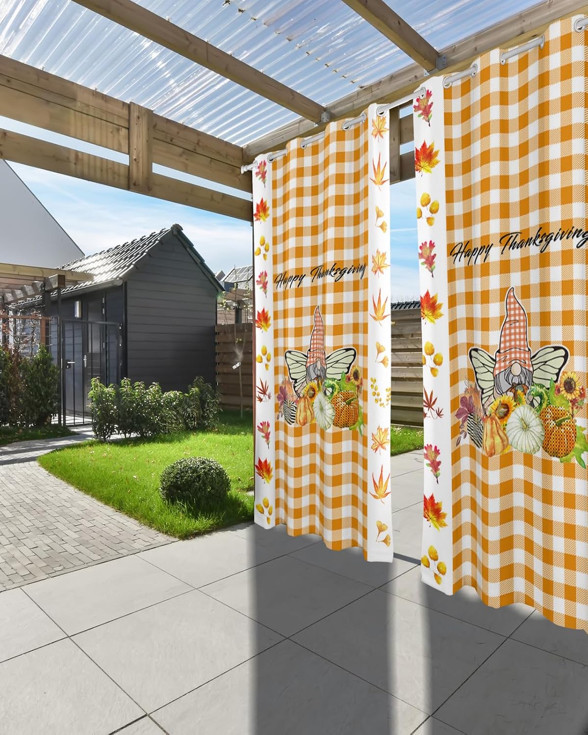 Outdoor Curtains for Patio 2 Panels Set Thanksgiving Fall Pumpkin Gnome Sunflowers Orange Buffalo Plaid Waterproof Privacy Outside Curtain Sun Blocking Grommet Drapes for Porch Gazebo Pergolas 52"x84"