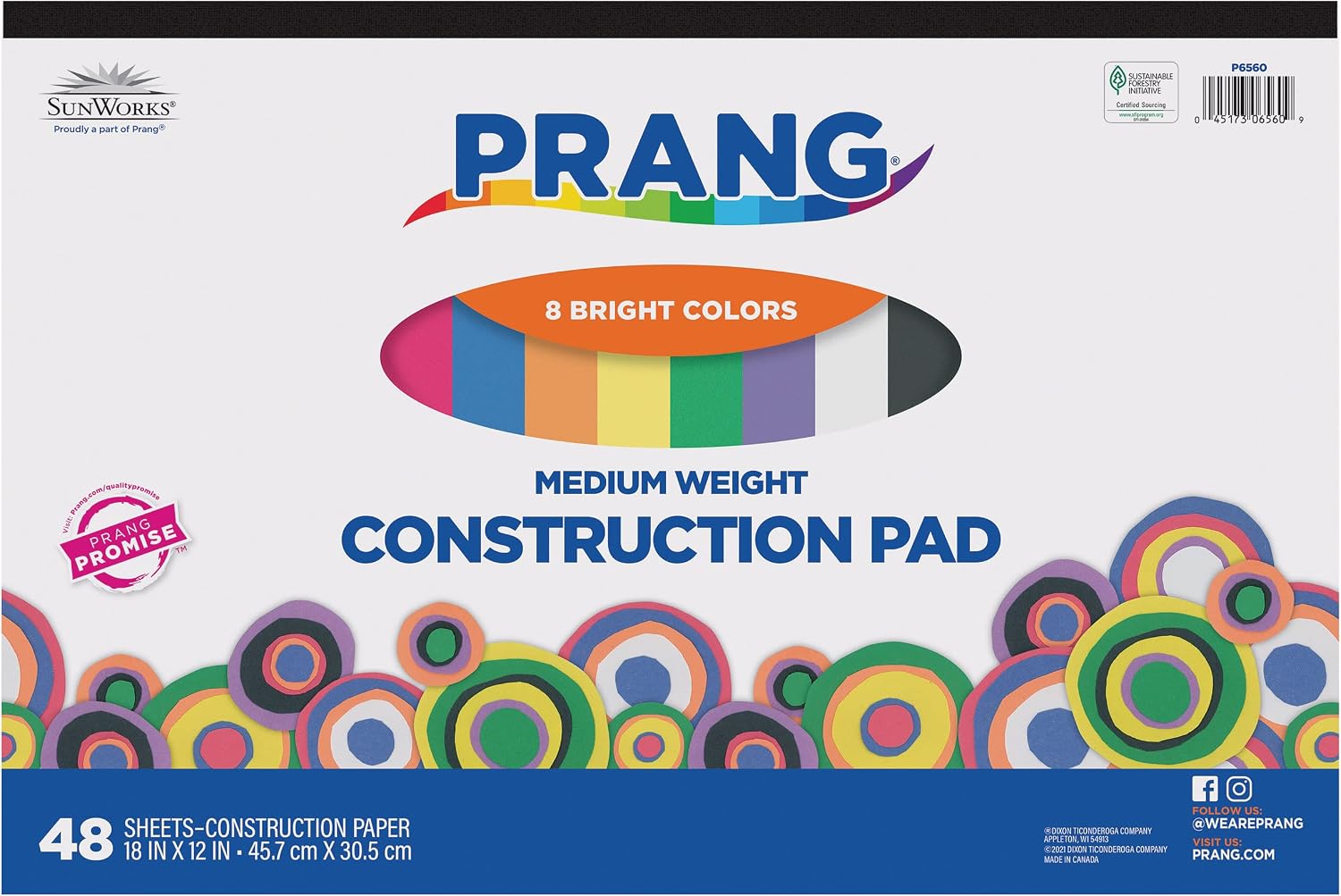 Prang (Formerly SunWorks) Medium Weight Construction Paper Pad, 8 Assorted Colors, 18" x 12", 48 Sheets