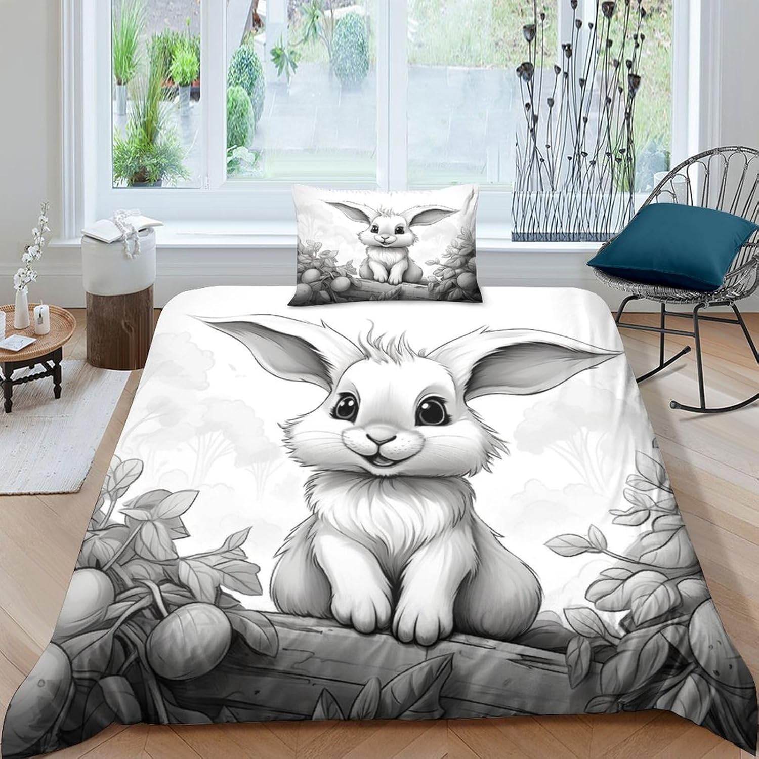 CRJUS Cute Rabbit Children's Duvet Cover Set, Home Set, Anime Bedding