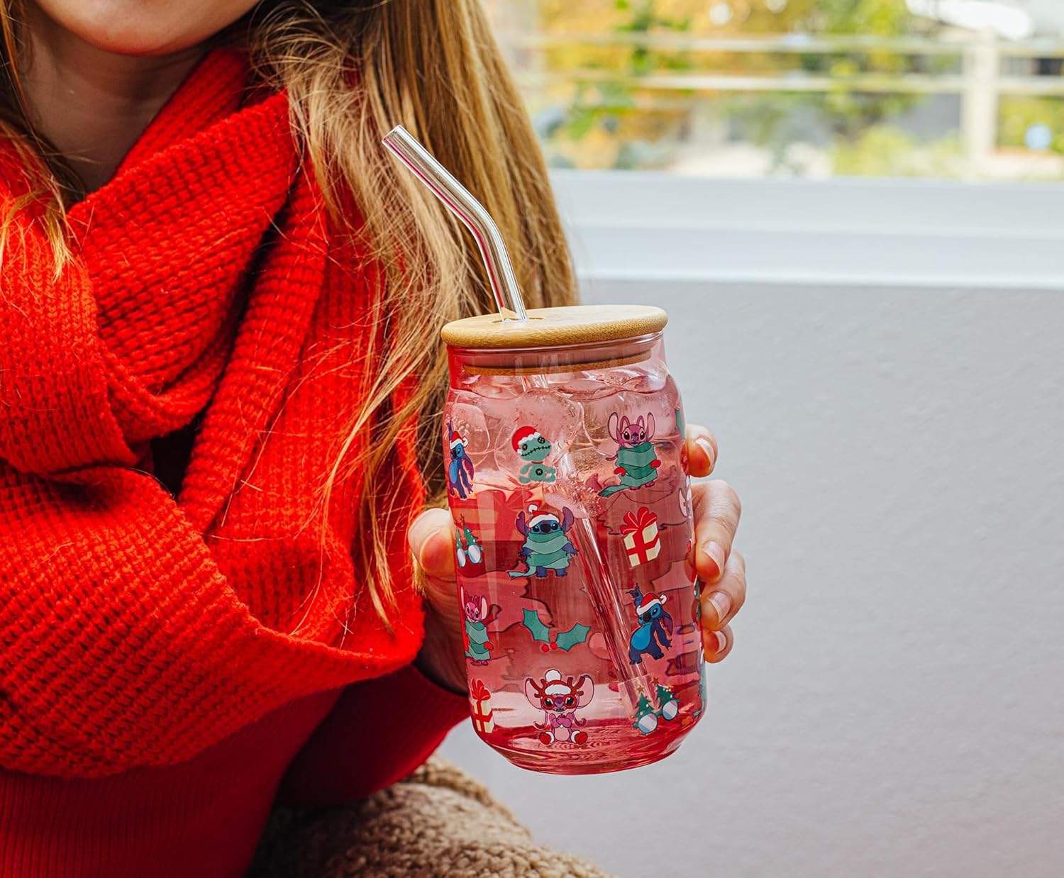 Disney Lilo & Stitch Holiday Glass Tumbler With Bamboo Lid and Reusable Glass Straw | Holds 16 Ounces - Image 7