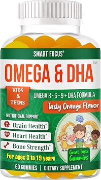 SmartFocus Omega 3 for Kids, Focus Gummies for Teens, Kids Focus and Attention Supplements, Omega 3 Gummies with DHA, Brain Support Vitamins for Teenage Boys, Girls & Children, 60 Gummies