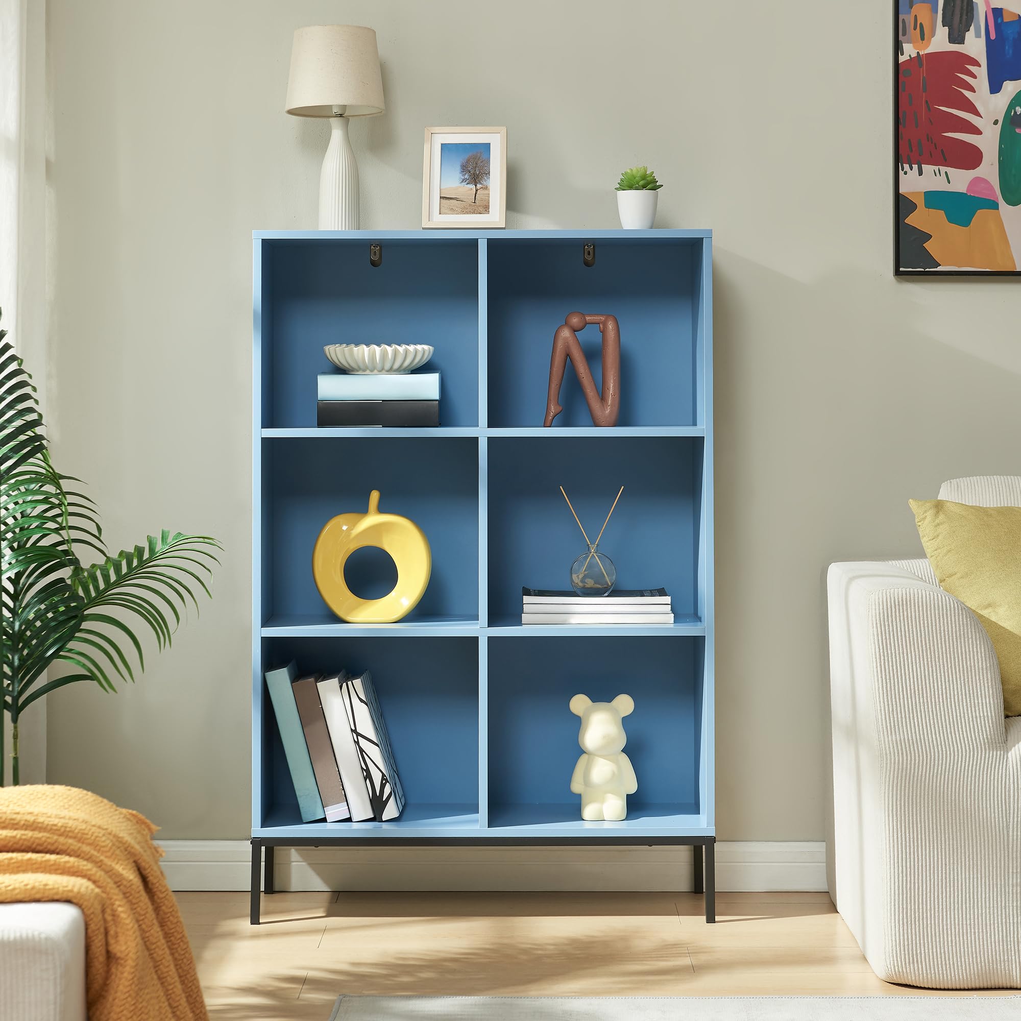 [en.casa] Libreria a 6 Ripiani Aperti Scaffale da Terra con Scomparti Vani Portaoggetti Libri Mobile Espositore per Soggiorno Cameretta Corridoio Ufficio 120 x 80 x 30 cm - Blu