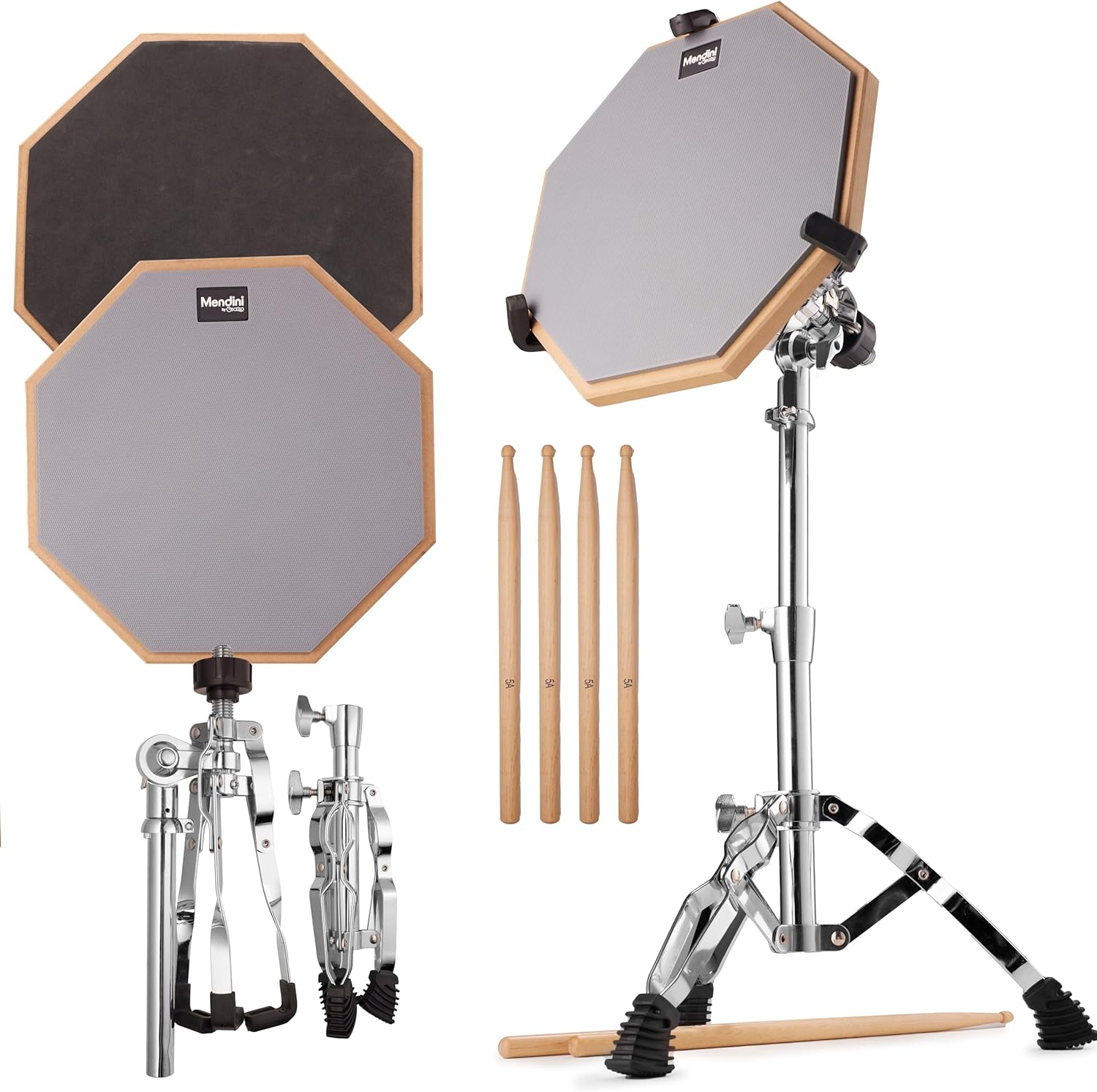 Mendini by Cecilio Drum Practice Pad - 12 In Snare Drum Stand Set With Double Sided Silent Drums Pad, Drum Sticks, Adjustable Stand (Grey)