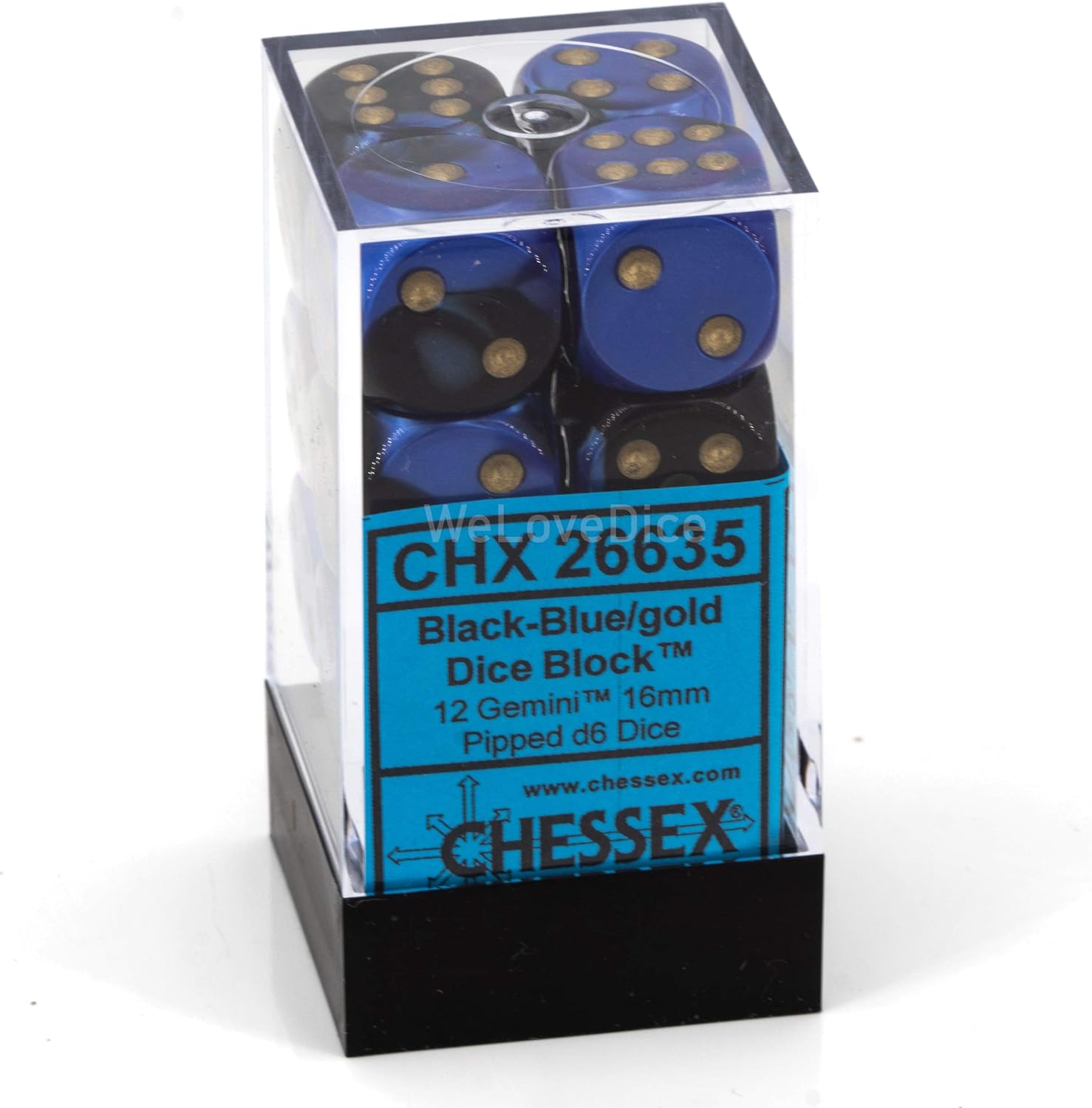 Chessex Dice D6 Sets: Gemini Black & Blue with Gold - 16Mm Six Sided Die (12) Block of Dice, Multicolor
