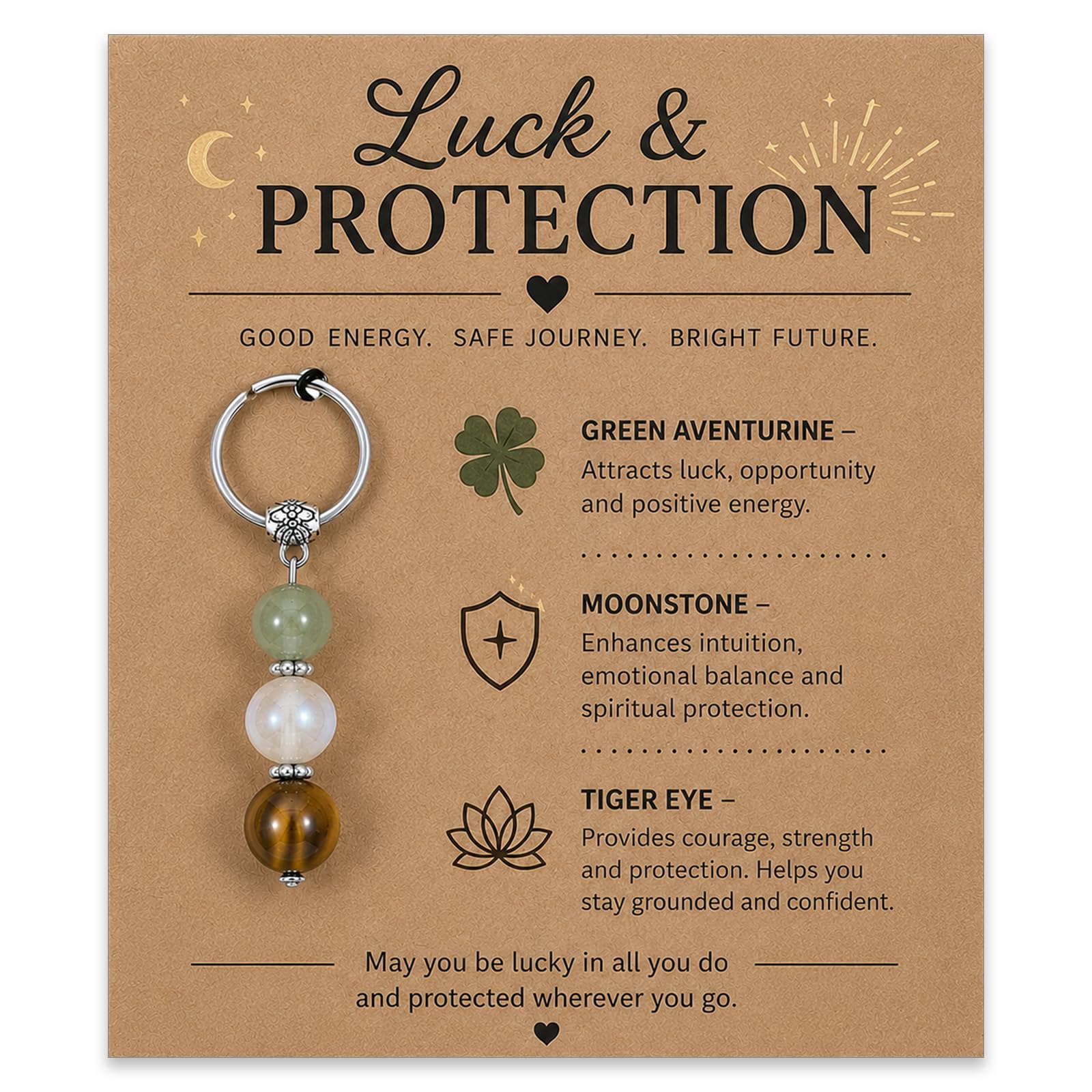 Virelle Luck Protection Keyring Gift – Good Luck Charm for Exams & New Job with Crystal Keyring, Positive Gift for Women Men, Meaningful Crystal Stone Keychain