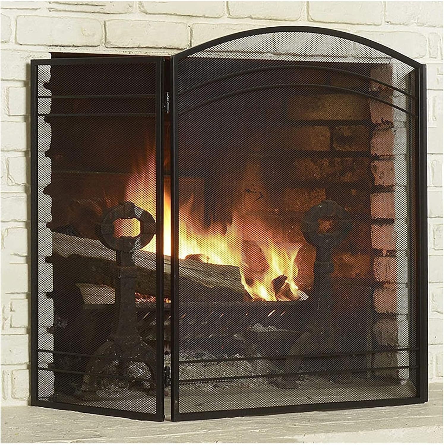 Pantalla ignífuga de 3 paneles para horno de pared en hierro forjado negro arqueado