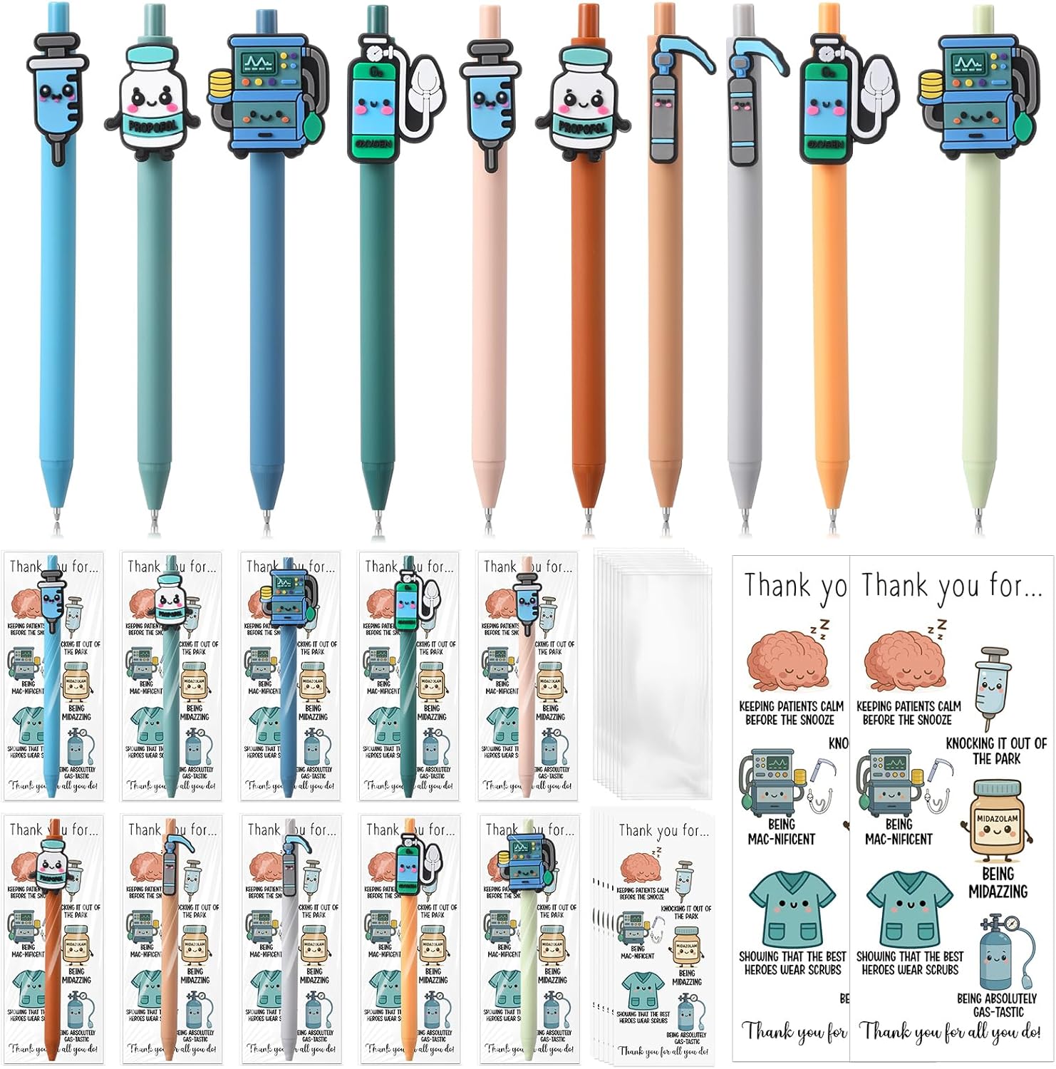 Yexiya 40 Set Anesthetist Appreciation Gifts Bulk Nurse Week Retractable Ballpoint Pen with Propofol Laryngoscope Sign Thank You Gift Card for Nurse Anesthesiology Office Medical Work, Anes