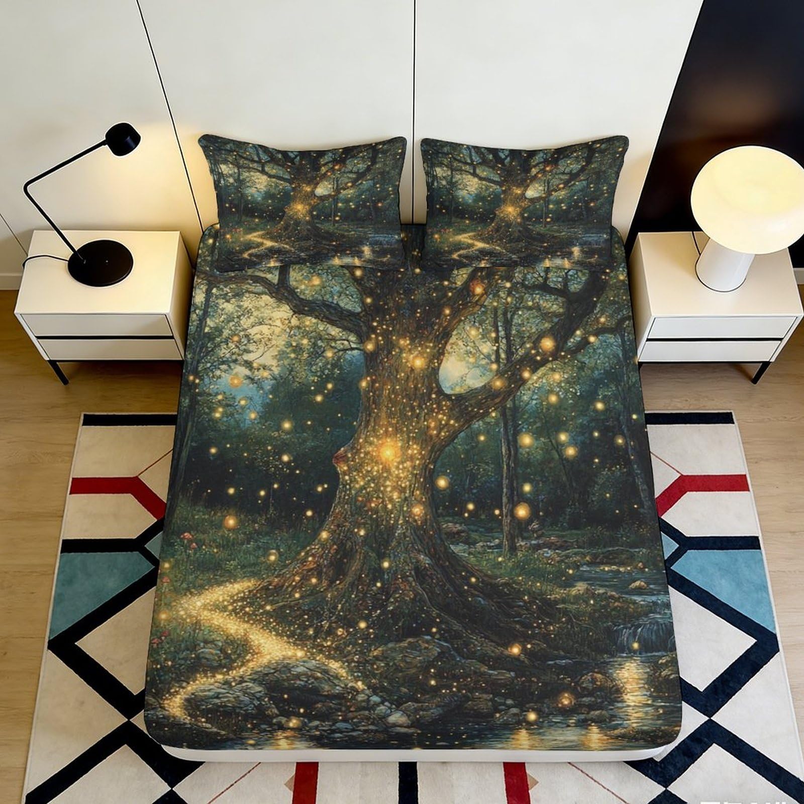 3D Printed Enchanted Tree Fitted Sheet Microfiber Soft Breathable Magical Forest Bed Cover for Bedroom Dormitory Guest Room Mattress Protection 160x200x25cm
