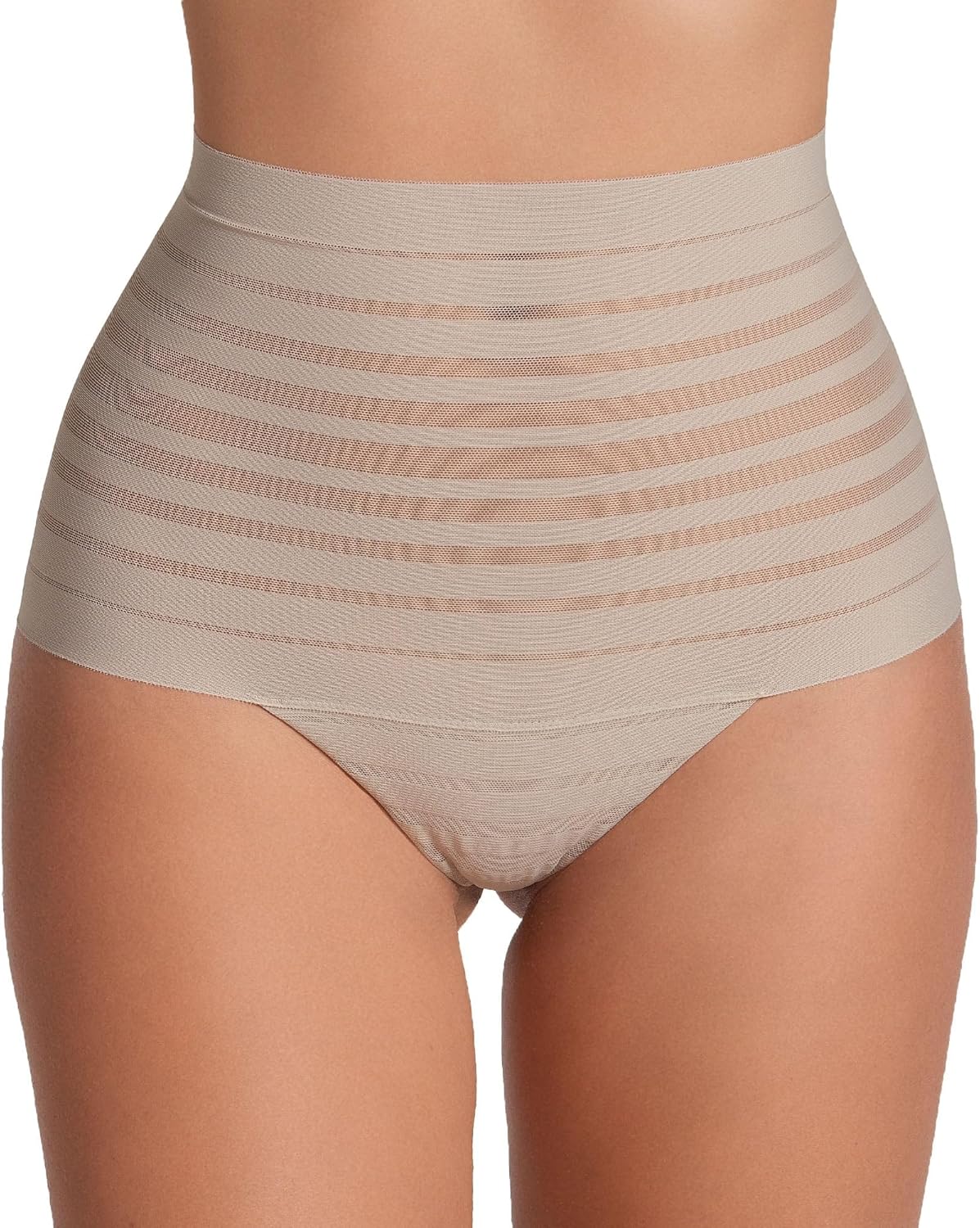Leonisa Seamless High Waisted Thong Panty UltraStripe Undetectable Lace Stripe for Women - Slimming Tummy Control Underwear