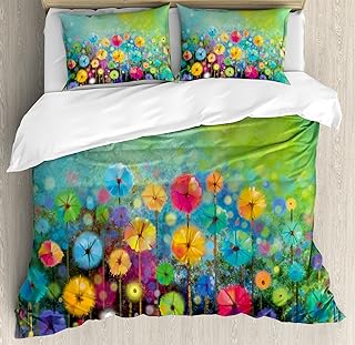 Ambesonne Flower Duvet Cover Set, Dandelions Featured in Garden with Brushstrokes Watercolored Abstract Landscape Art, Decorative 3 Piece Bedding Set with 2 Pillow Shams, Queen Size, Green Yellow