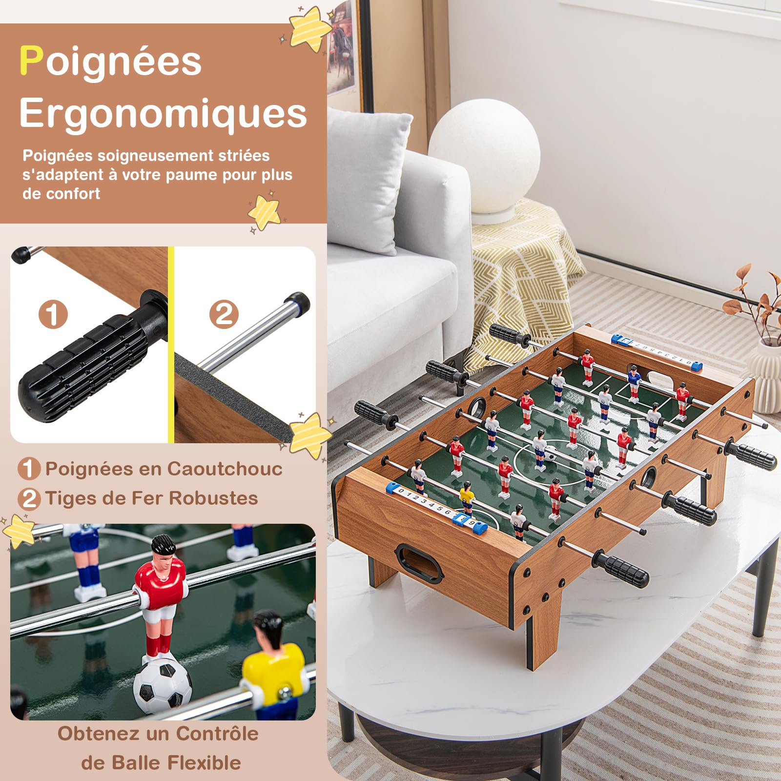 COSTWAY Baby-Foot en Bois avec Poignée Durable & 18 Joueurs, Table de Jeu avec 2 Ballons & 2 Tableau de Bord, Jouets pour Adulte et Enfant pour Fête, Bar, Salle de Jeux, 69 x 36 x 24 cm…