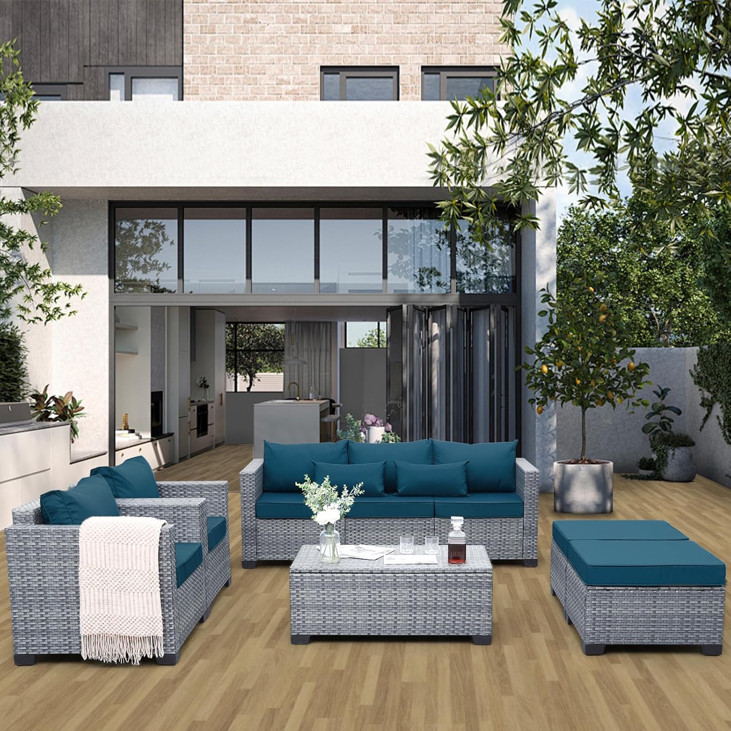 6 Pieces Wicker Patio Furniture Sets Outdoor Conversation Set HDPE Rattan Sectional Sofa Couch with Storage Table and Peacock Blue Cushions