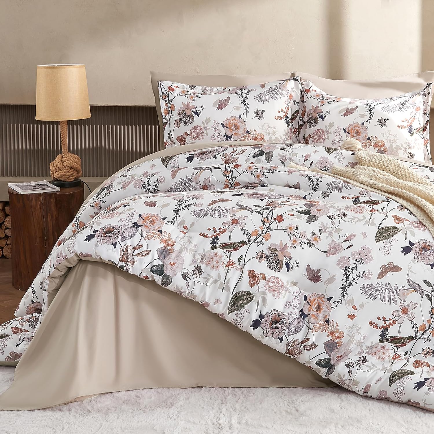 7 Piece Queen Comforter Set, Dusty Pink Butterfly Floral Comforter Set with Flowers Leaves Pattern, Soft Microfiber Complete Bedding Set for All Season(Dusty Pink, Queen)