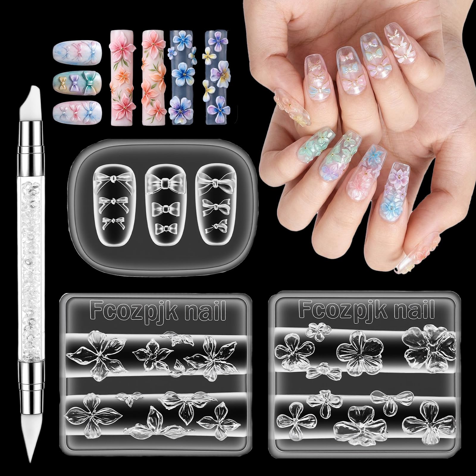 3 PCS Silicone Nail Art Molds with Carving Pen, Reusable Clear 3D Flowers Bows Nail Charm Molds Hibiscus Flowers Cherry Blossom Design Mold Manicure Carving Template DIY Charms Resin Craft Accessories-image-10
