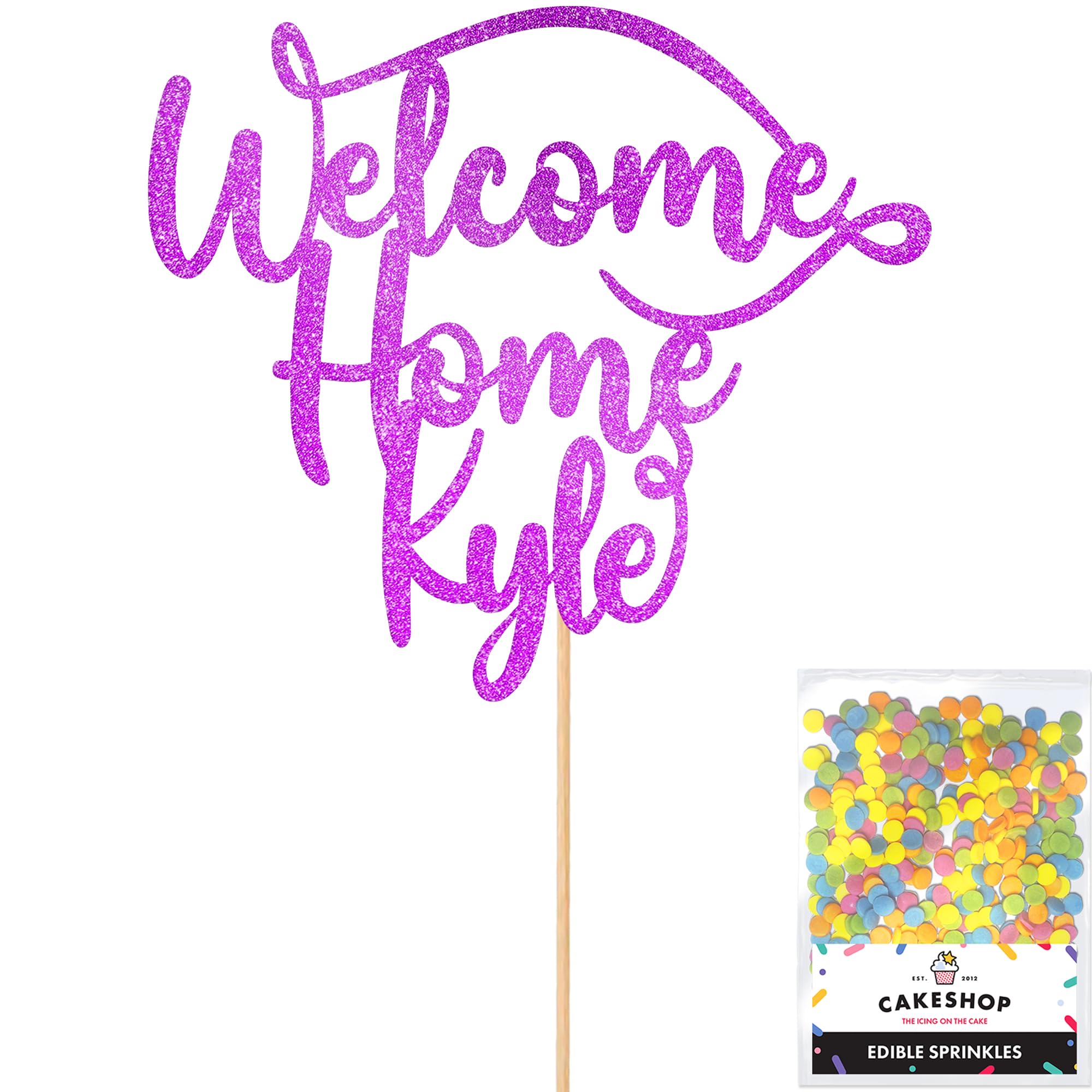Cakeshop Personalised Welcome Home Glitter Cake Topper With Sprinkles - Purple Custom Colour - Any Name - Double-Sided Glitter Card Cake Decoration - Custom Toppers for Cakes