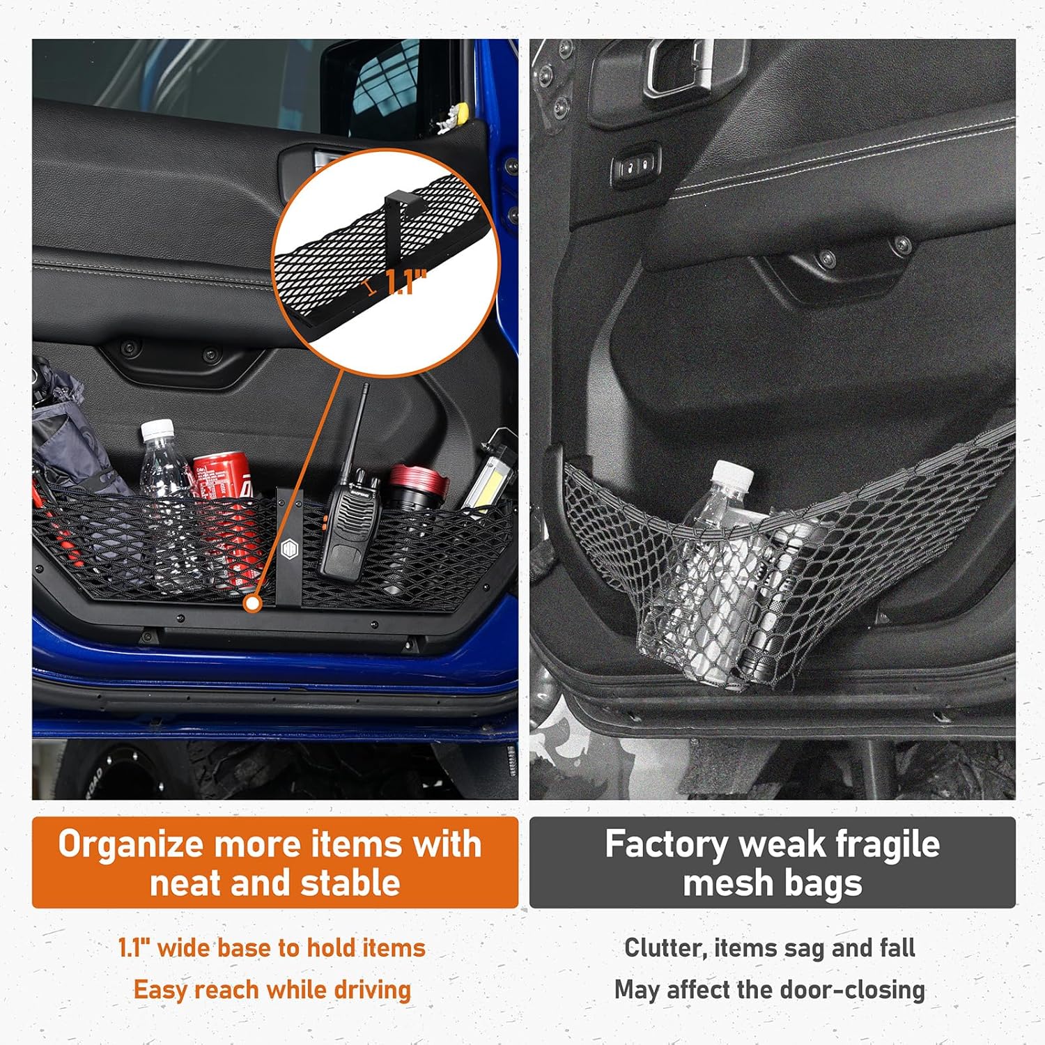 Hooke Road Front Door Pocket Storage Mesh Cargo Net for 2018-2026 Jeep Wrangler JL & 2020-2026 Gladiator JT Accessories (Manual Seat Only), 2 PCS Door Side Insert Organizer Alimunim Base