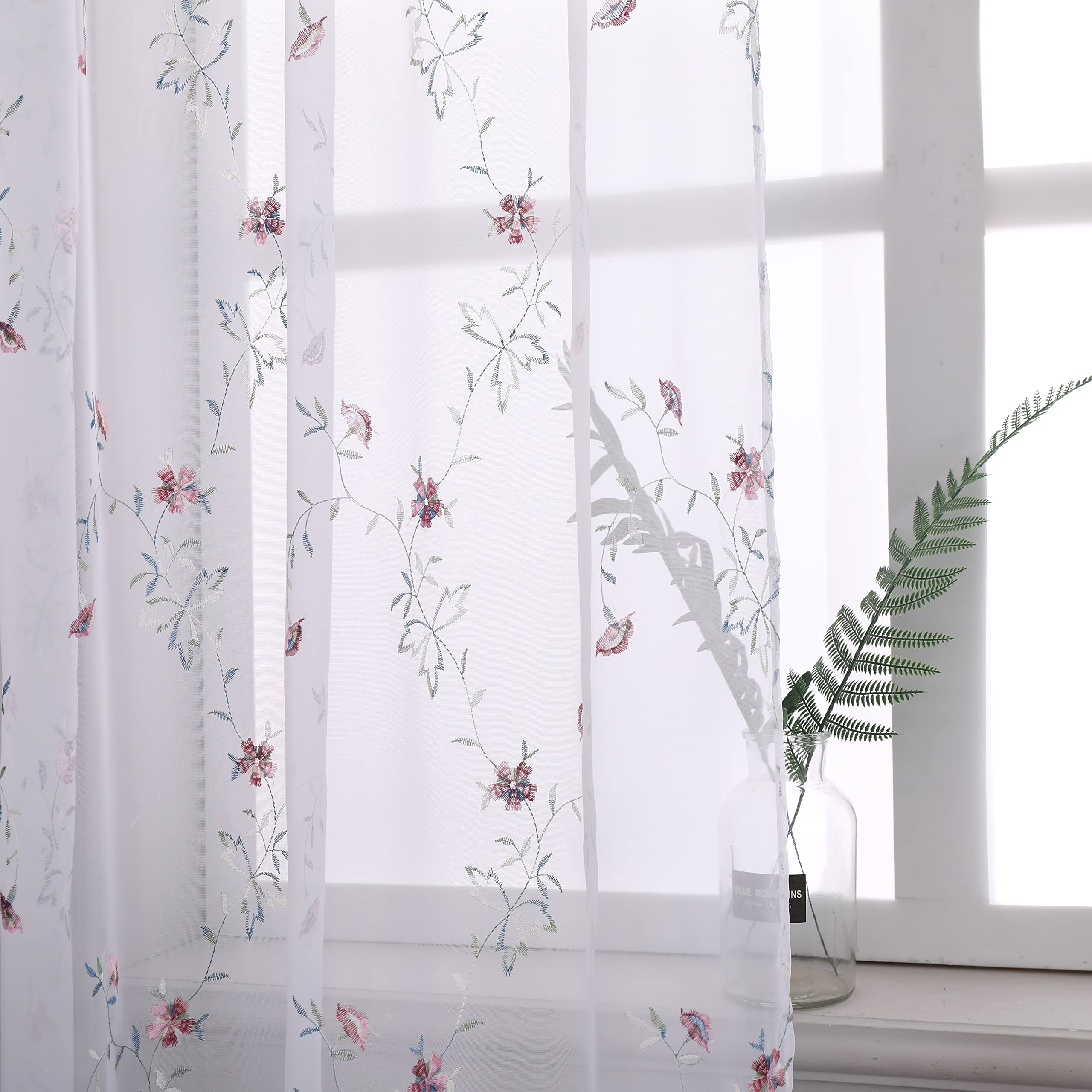Taisier Home Floral White Sheer Curtains Flower Print Vine Embroidery Bedroom Curtain Rod Pocket Voile Window Curtains for Living Room, 52 x 63 inches