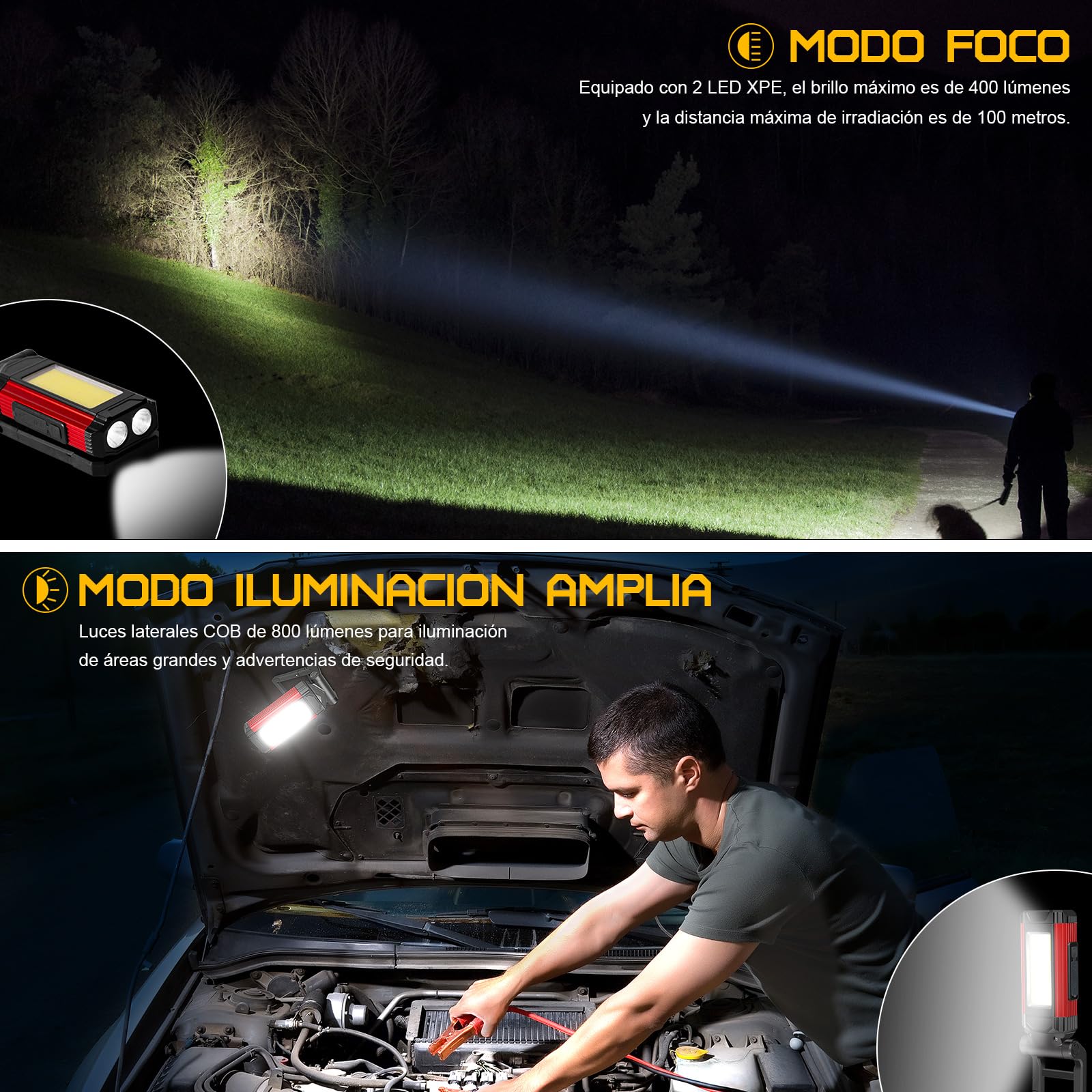 SPORWAY Linterna de Trabajo Led Recargable, Luz Portatil Taller Lampara de Trabajor Banco Energía Linterna Mecanico USB con Base Magnético y Gancho para Hogar, Automóviles, Camping, Emergencia