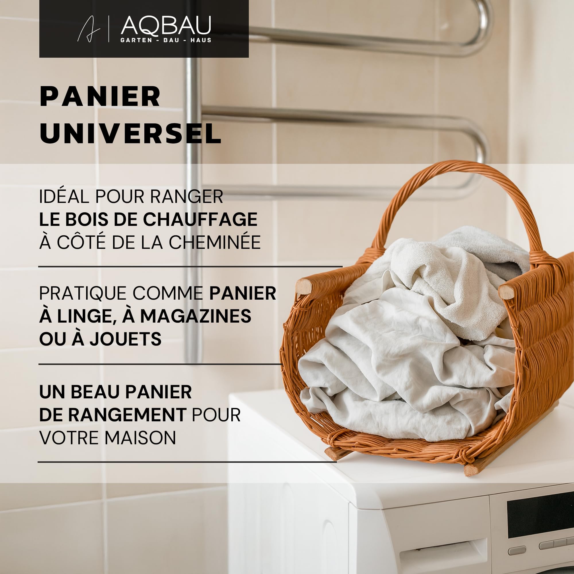 Panier à bois XXL 60 x 44 cm en osier avec lattes en bois – Support à bois de cheminée stable – Panier fait main pour bois de feu, rangement ou décoration, paniers en bois, panier à bois