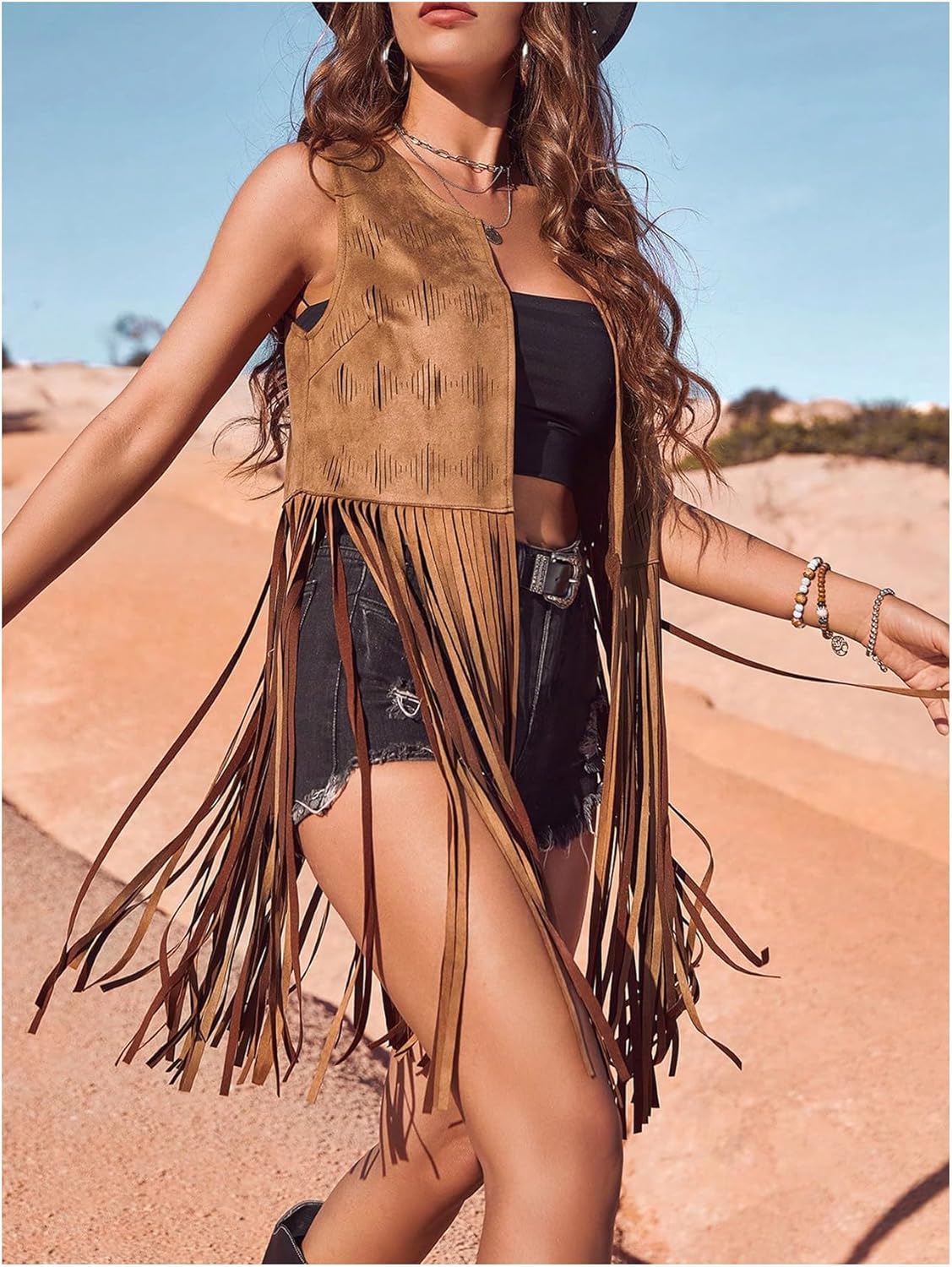 Women's Fringe Vest Sleeveless 70s Hippie Faux Suede Trim Western Cowgirl Tassel Jacket Cardigan - Image 6