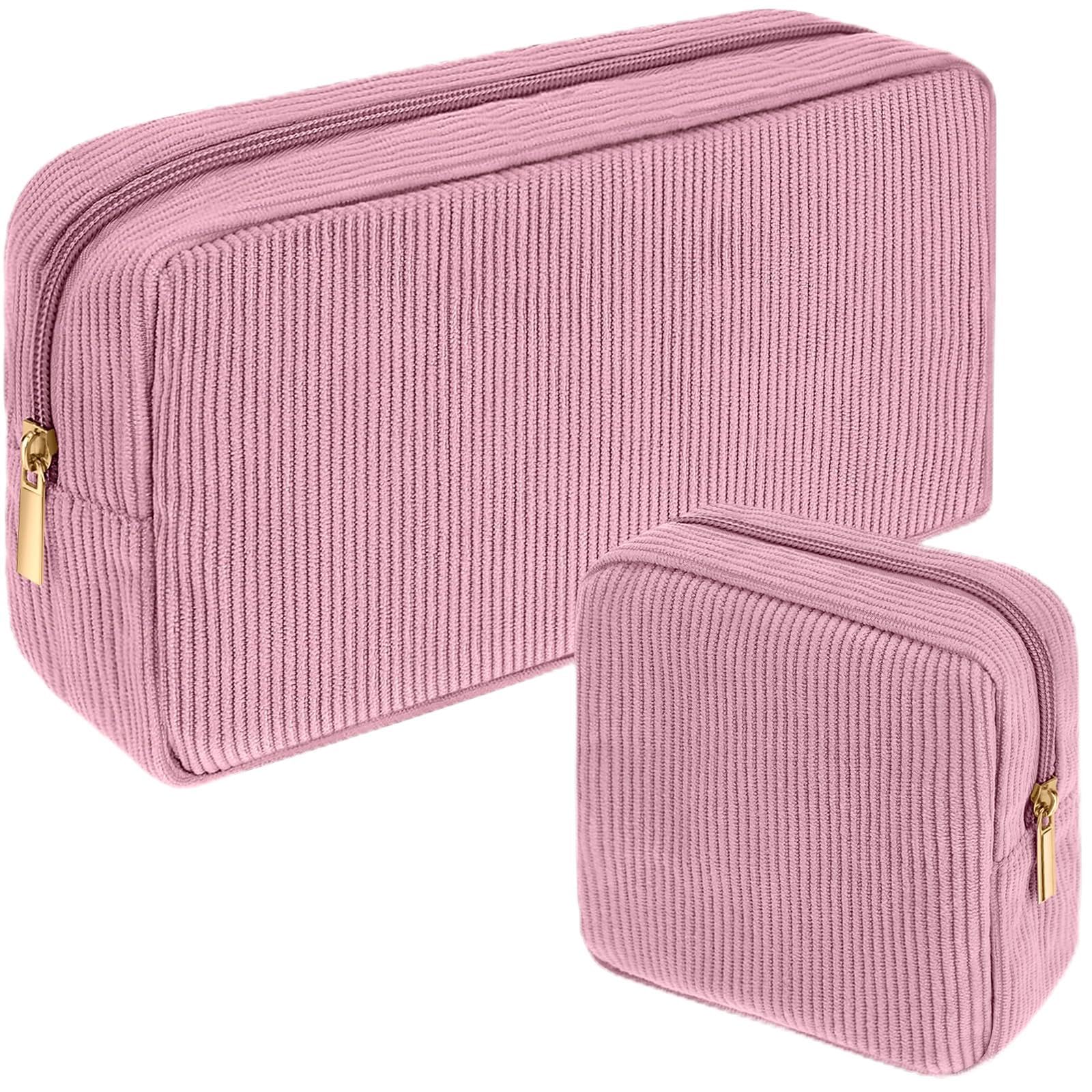 Sanwuta 2 Pack Small Corduroy Makeup Bag Set Cosmetic Toiletry Travel Pouch Organizer for Purse Mini Velvet Makeup Pouch Zipper Travel Purse Women Gift Organizer Case Accessories(Peach Pink)