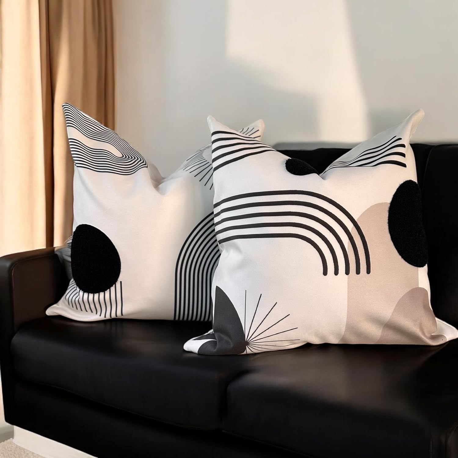 AYAY Modern Decorative Pillow Covers 18 x18 – Boho Throw Pillows for Couch Bed, Set of 2 Modern Cases, Printed Abstract Soft Velvet Pillows, Washable (Black, White and Beige, 18 x 18)