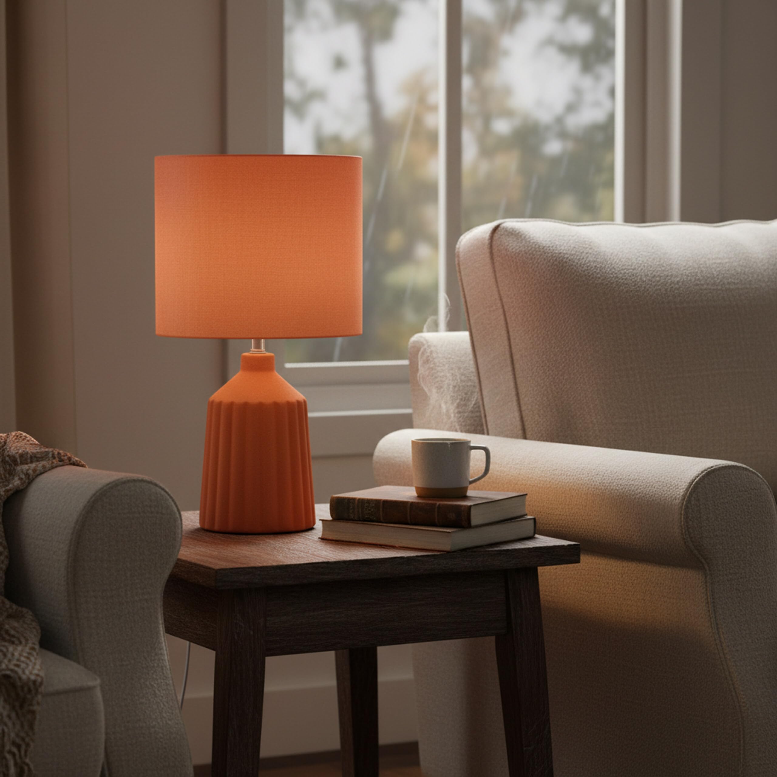 Relaxdays Lampa stołowa, wzorzysta podstawa ceramiczna, abażur z materiału, E27, wys. x śr.: 42 x 23 cm, lampka nocna z kablem, terakota