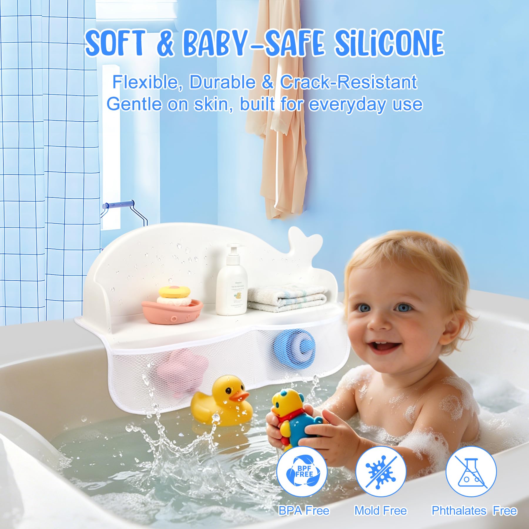 MCGMITT Badewannenspritzschutz 2er Set, Silikon Wasserbarriere für Kinder Badewanne, Badewannen Organizer mit 130 starken Saugnäpfen und Aufbewahrungsnetzen für Badespielzeug (Weiß + Grau)