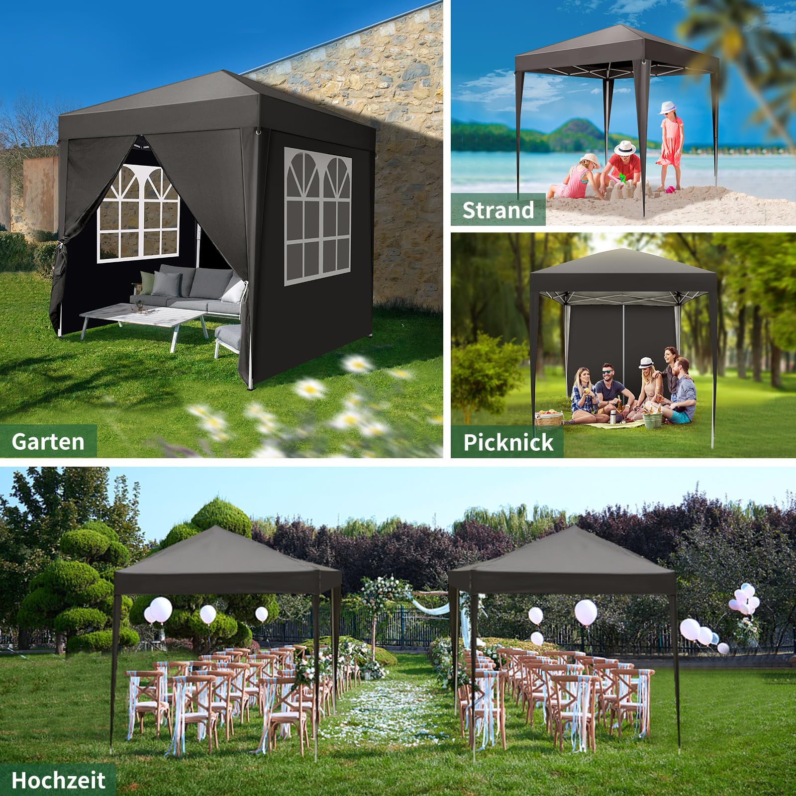 Pavillon 2x2 m,Faltpavillon,Wasserdicht Stabil Winterfest UV Schutz 50+,420D Oxford,Faltbar Höhenverstellbar,Partyzelt,Gartenzelt,Für Garten Camping,Outdoor,Grau,4 Seitenteilen