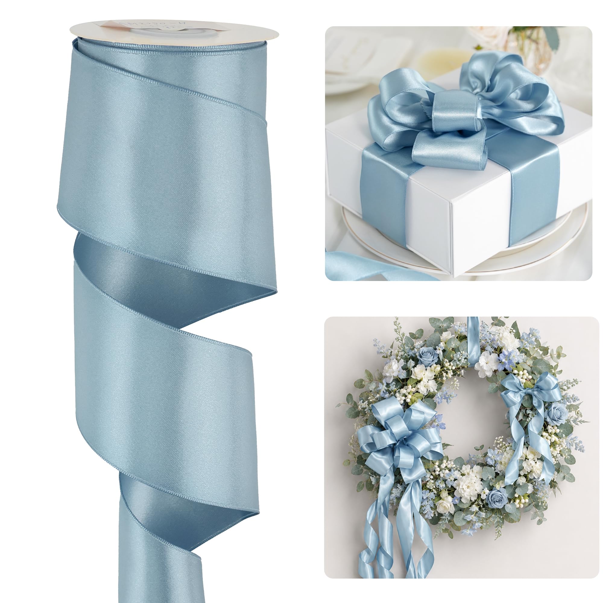 HUIHUANG Nastro di raso blu polveroso con filo metallico, 6,3 cm, nastro di raso double-face con bordo metallico per fiocchi, fiori, confezioni regalo, ghirlande, decorazioni per baby shower,