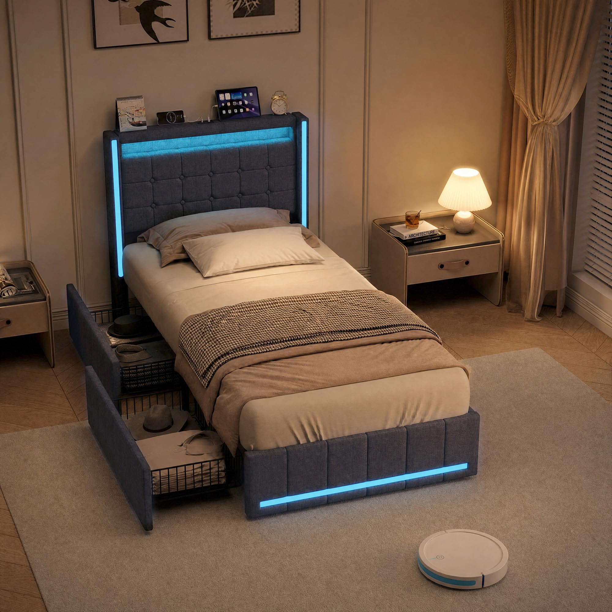 HYNHXBP Single Bed Frame 90 x 190 with Storage Drawers, LED Bed Frame with RGB Lights, USB Charging, Adjustable Headboard, Wooden Slats, Upholstered Bed for Kids Teens Bedroom, Gray Linen Fabric