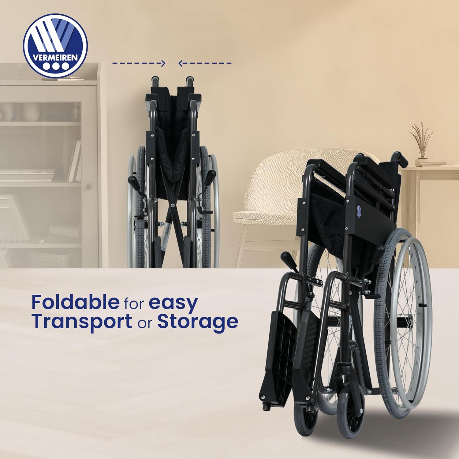 VERMEIREN JAZZ S20 Kørestol vist både sammenfoldet og udfoldet til transport og opbevaring.