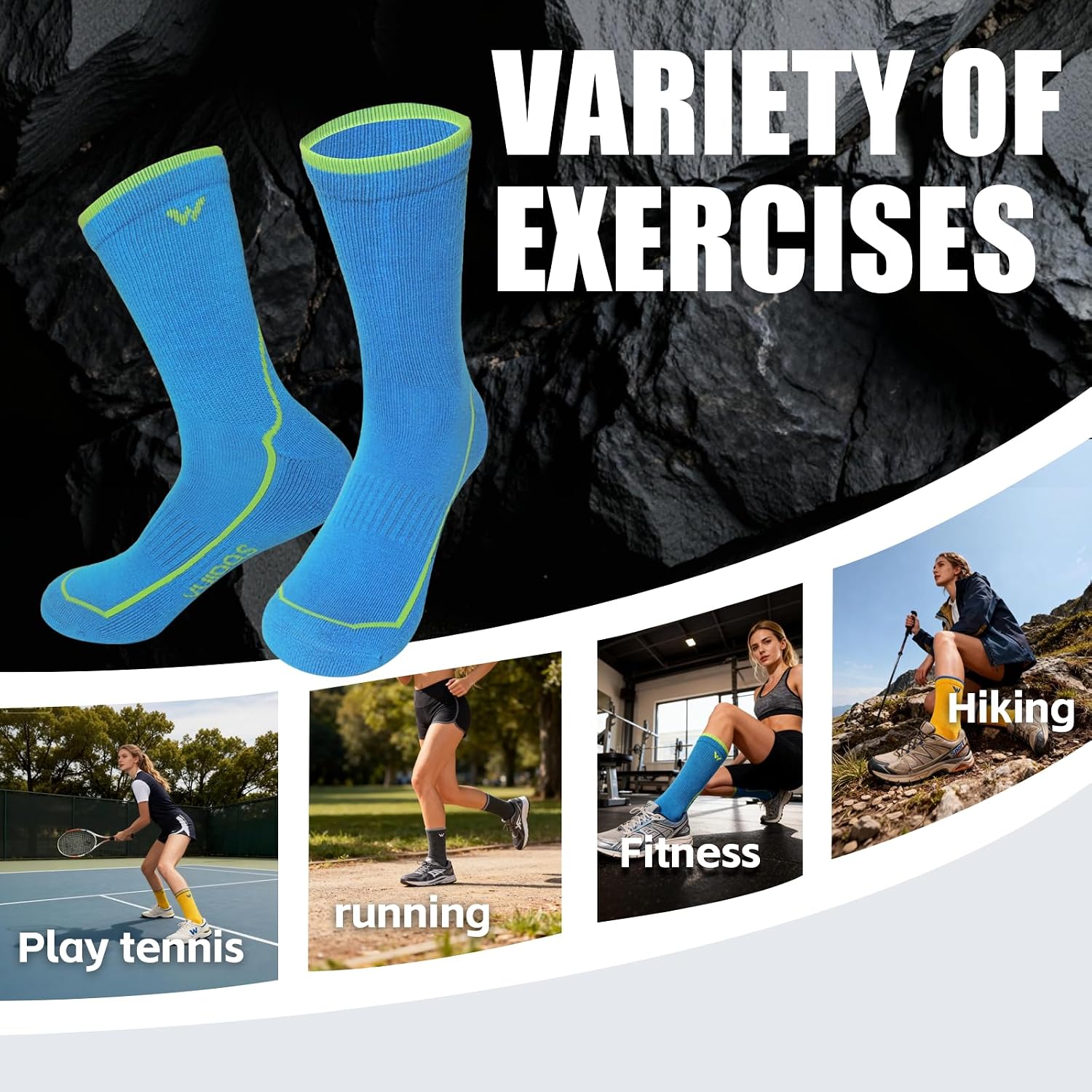 Women's Hiking Socks with Merino Wool, 3-Pair Cushioned & Arch Support Crew Socks for Outdoor, Size 5-9 & 9-12